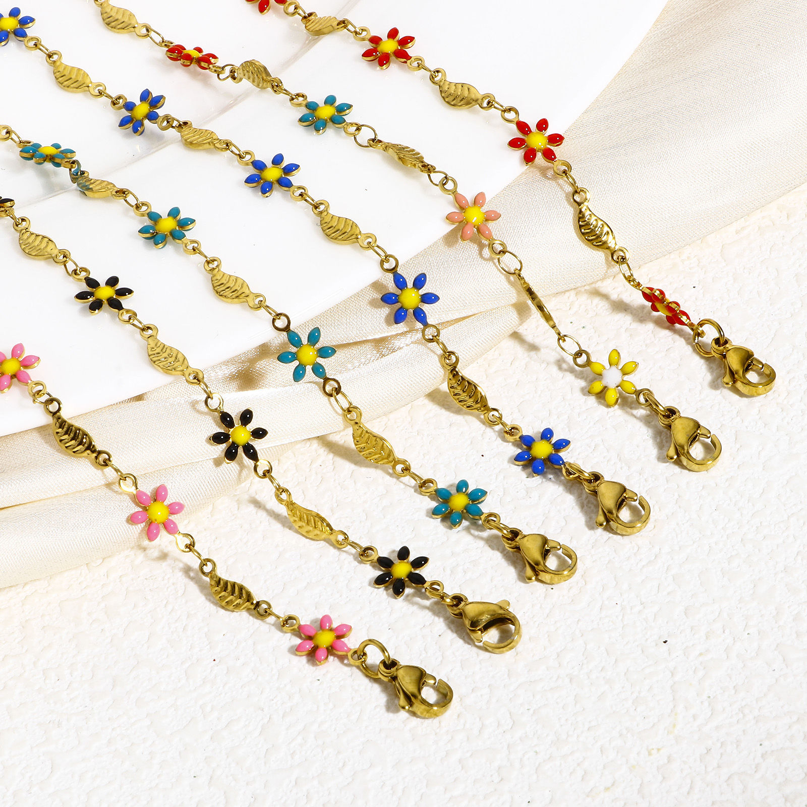 Picture of 304 Stainless Steel Religious Handmade Link Chain Bracelets Gold Plated Leaf Daisy Flower Double-sided Enamel 17.5cm(6 7/8") long