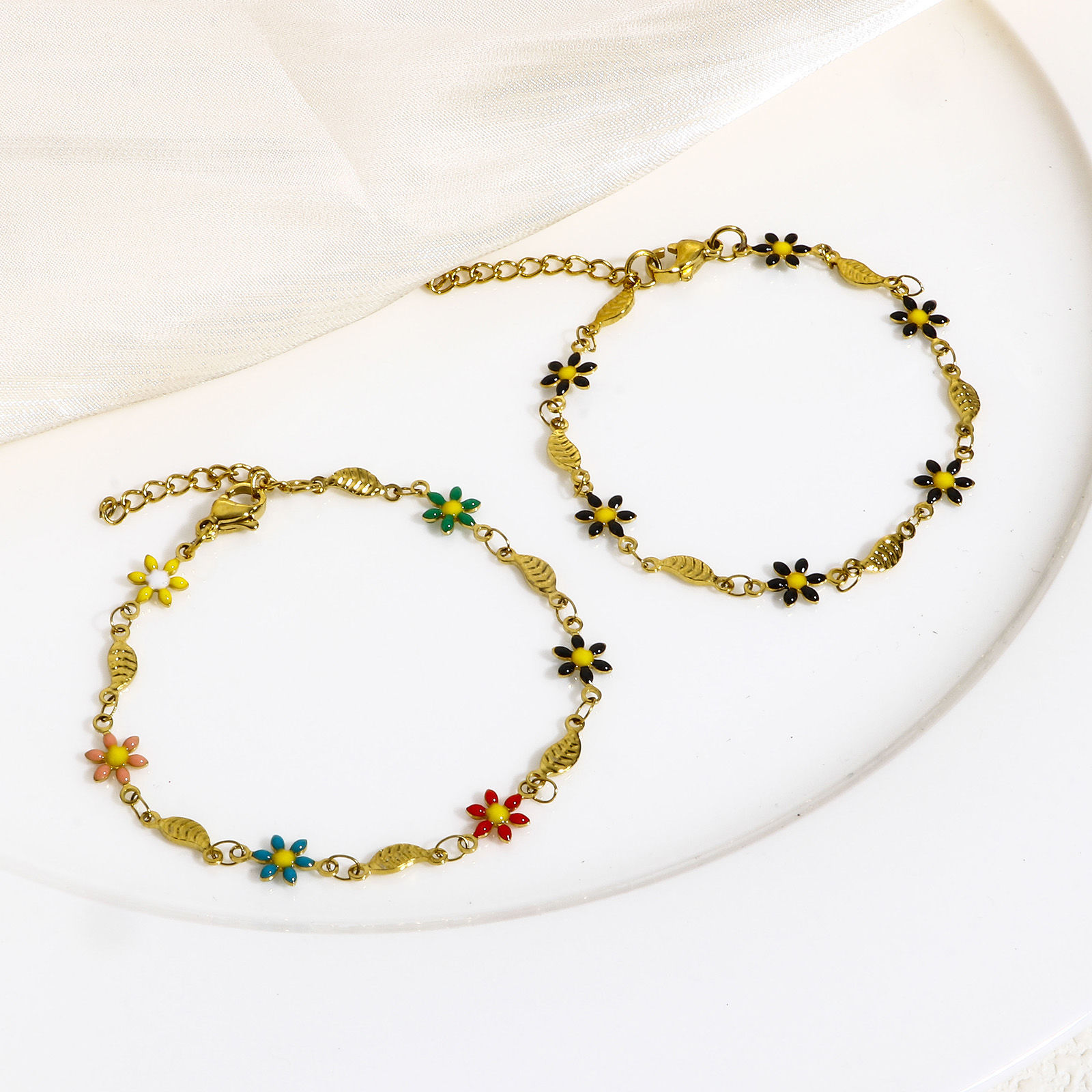 Picture of 304 Stainless Steel Religious Handmade Link Chain Bracelets Gold Plated Leaf Daisy Flower Double-sided Enamel 17.5cm(6 7/8") long