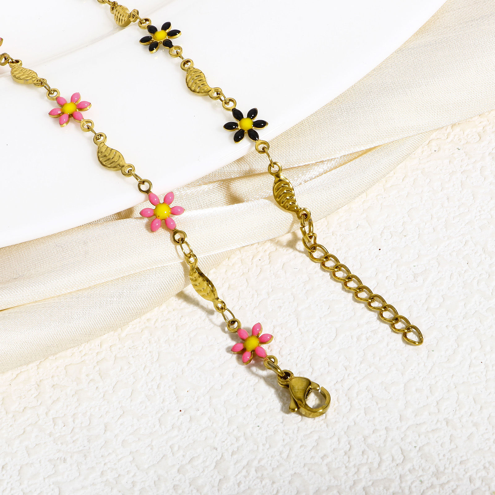 Picture of 304 Stainless Steel Religious Handmade Link Chain Bracelets Gold Plated Leaf Daisy Flower Double-sided Enamel 17.5cm(6 7/8") long