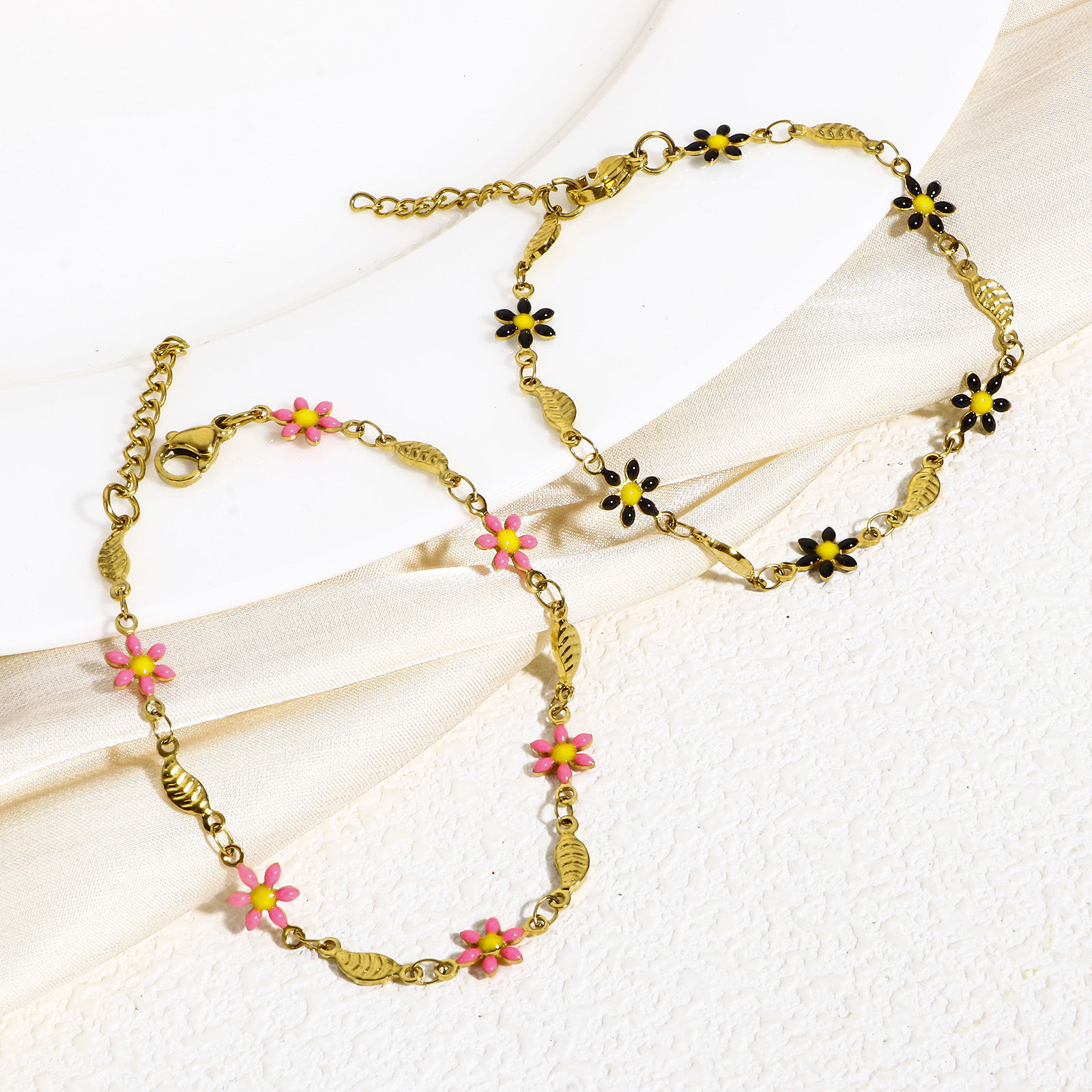 Picture of 304 Stainless Steel Religious Handmade Link Chain Bracelets Gold Plated Leaf Daisy Flower Double-sided Enamel 17.5cm(6 7/8") long