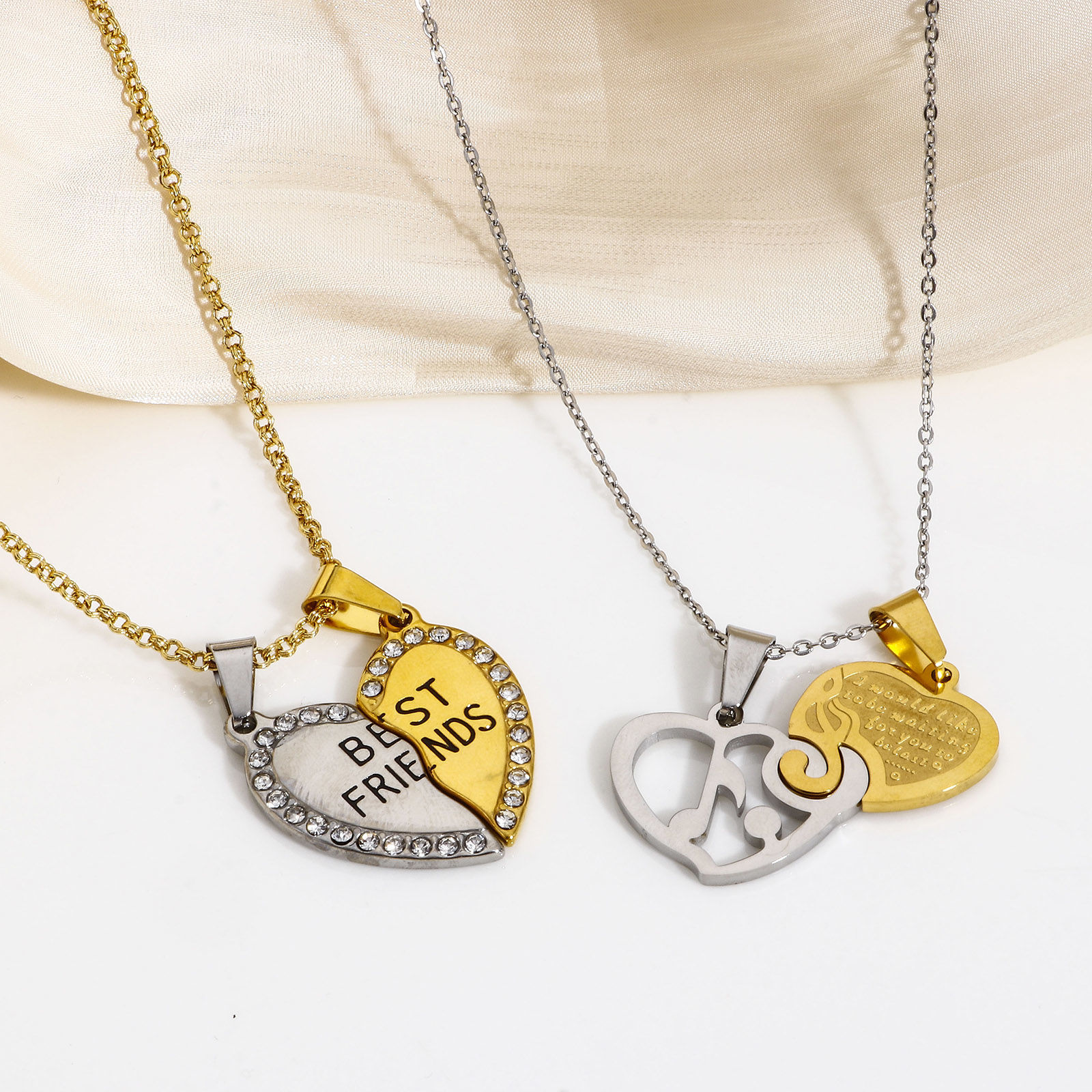 Picture of 304 Stainless Steel Valentine's Day Pendants Gold Plated & Silver Tone Sun & Moon Clear Rhinestone