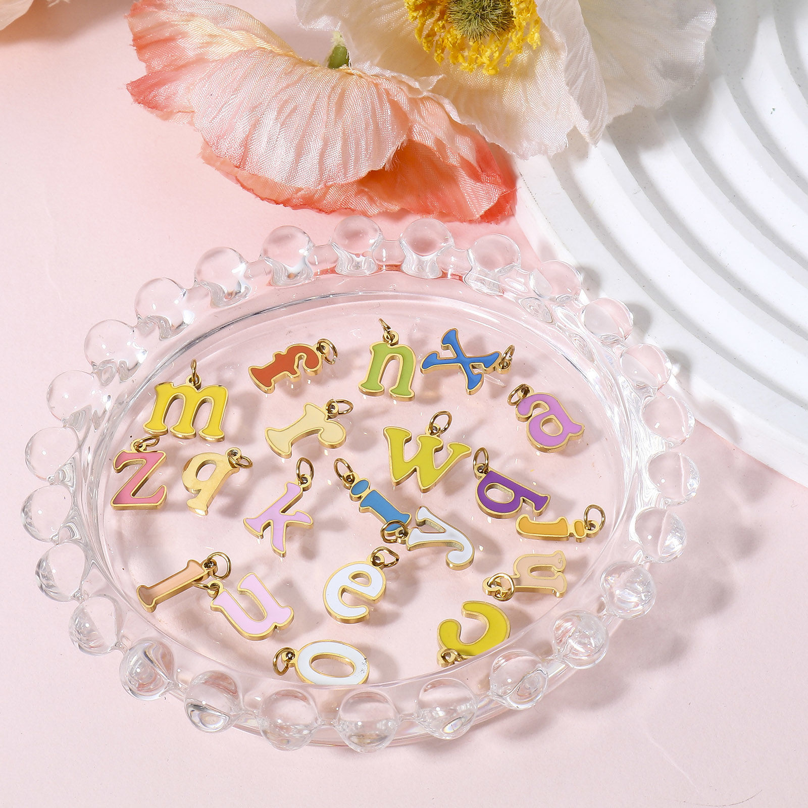 Picture of 304 Stainless Steel Charms Gold Plated Multicolor Lowercase Letter Message " A-Z " Enamel
