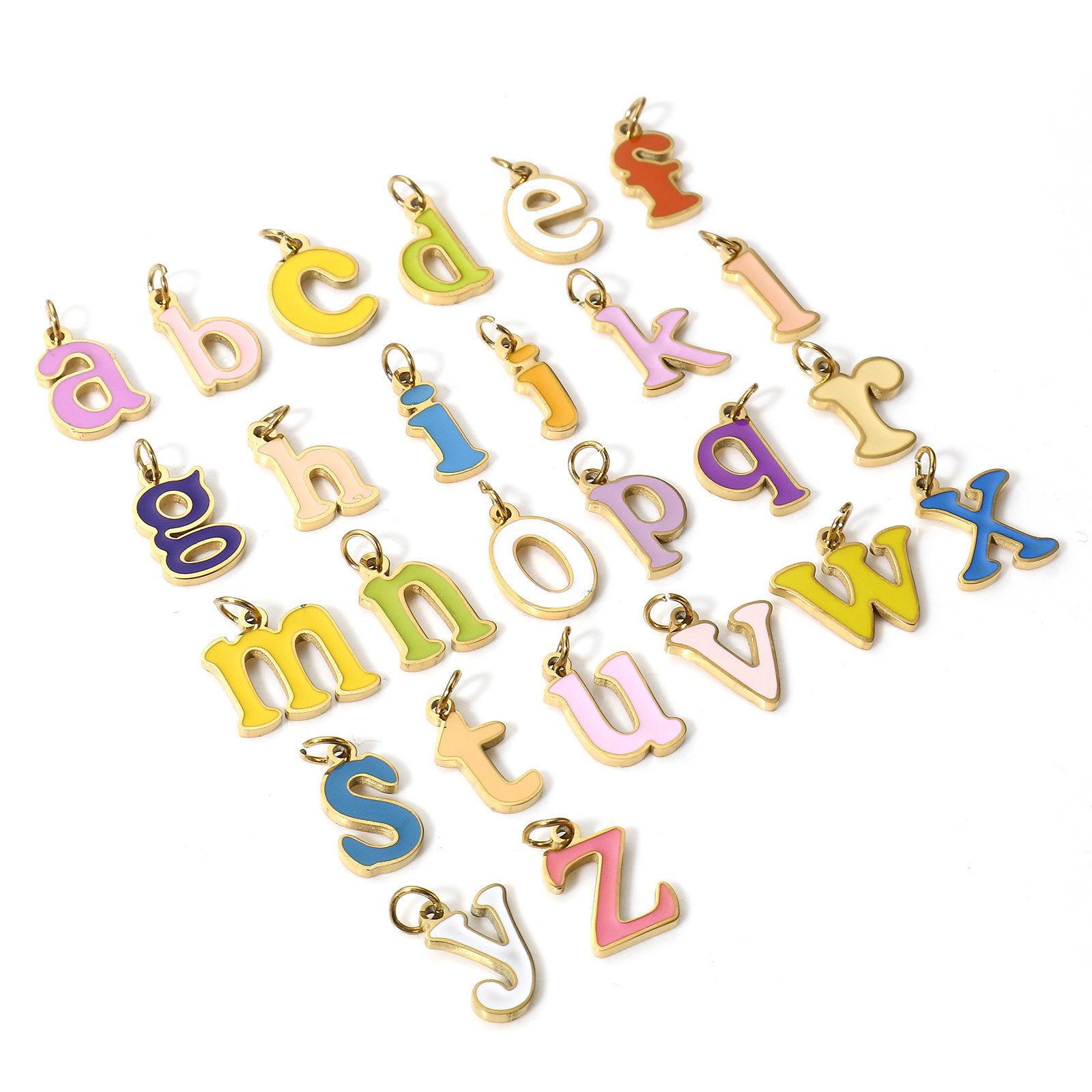 Picture of 304 Stainless Steel Charms Gold Plated Multicolor Lowercase Letter Message " A-Z " Enamel