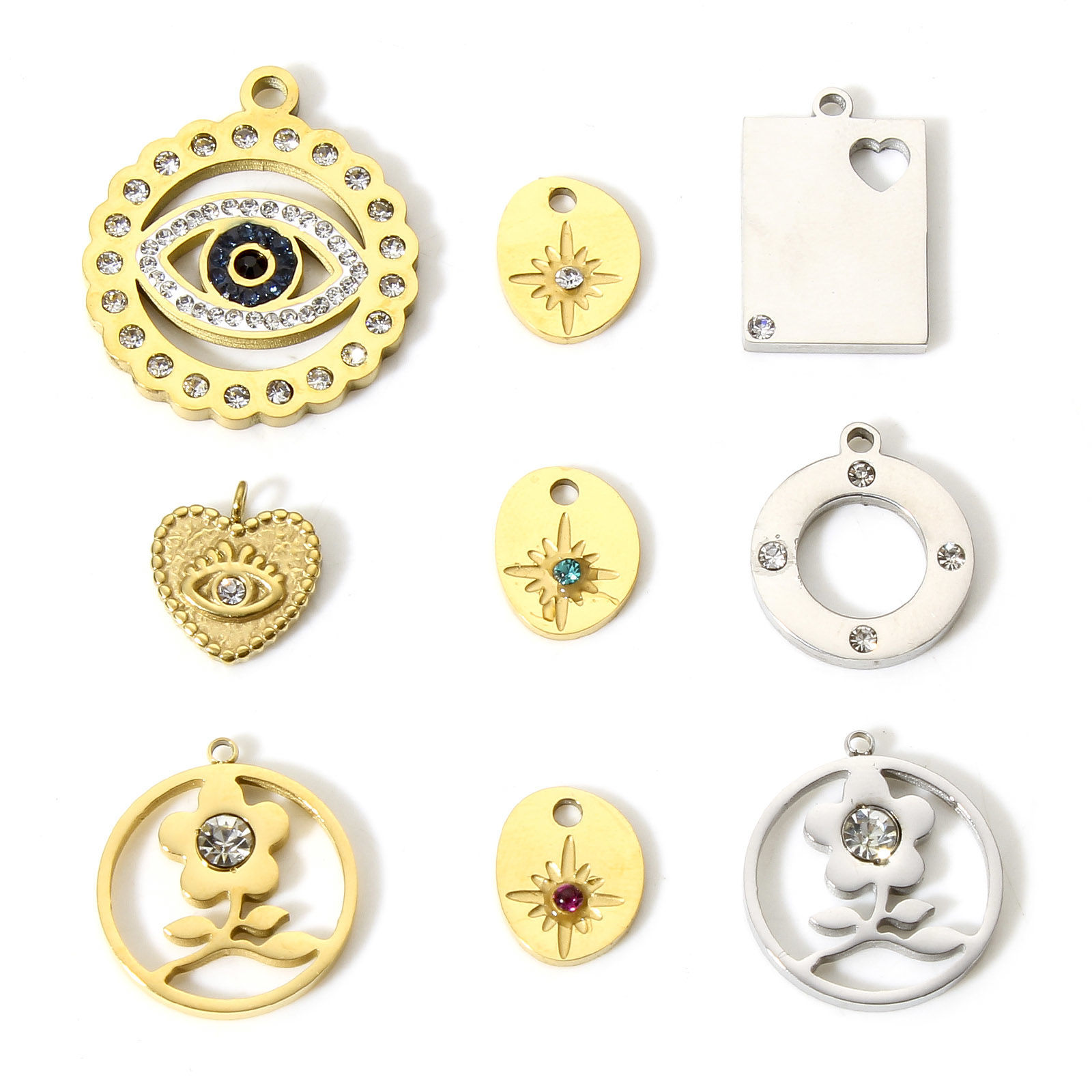 Picture of 304 Stainless Steel Stylish Charms Gold Plated Round Flower Hollow Clear Rhinestone
