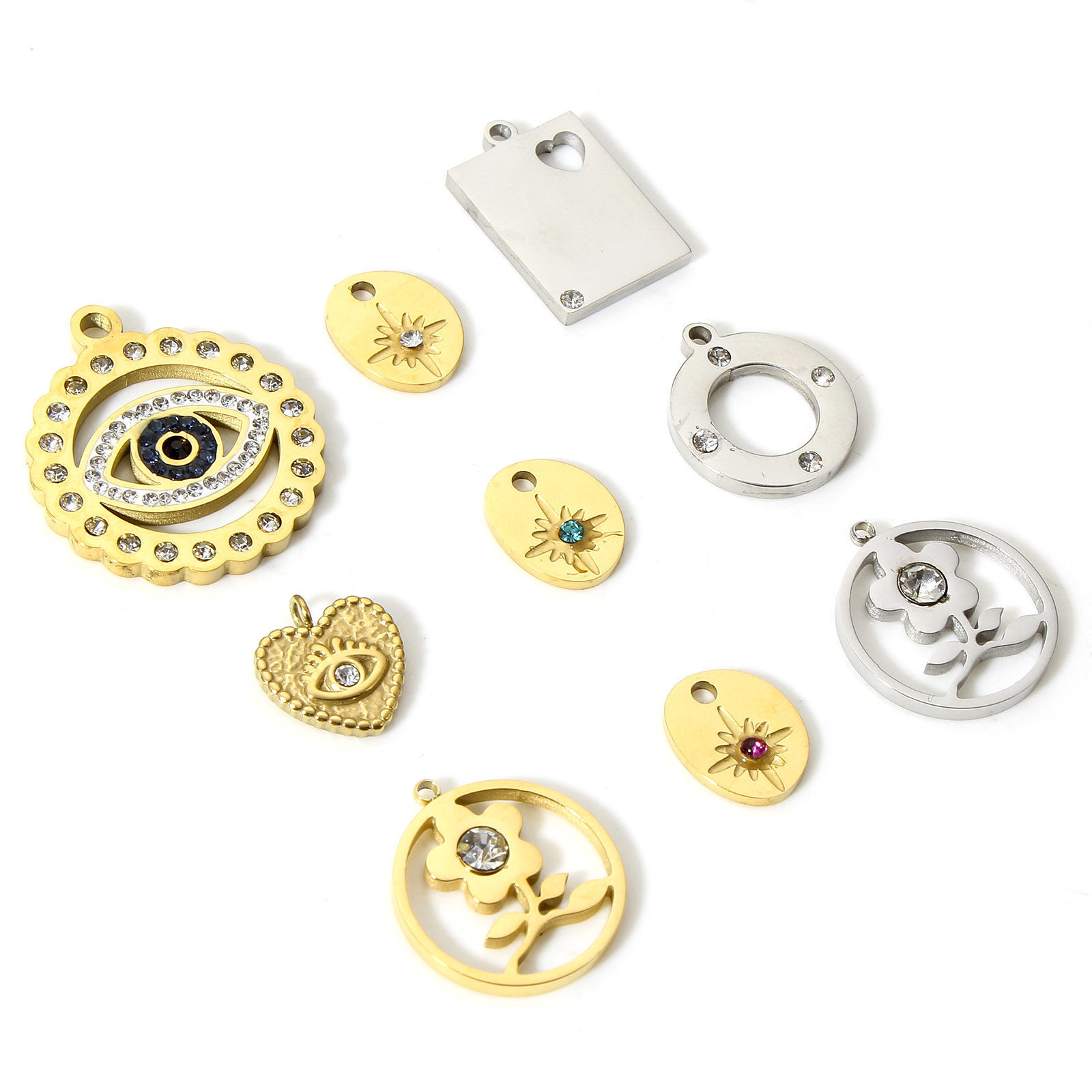 Picture of 304 Stainless Steel Stylish Charms Gold Plated Round Flower Hollow Clear Rhinestone