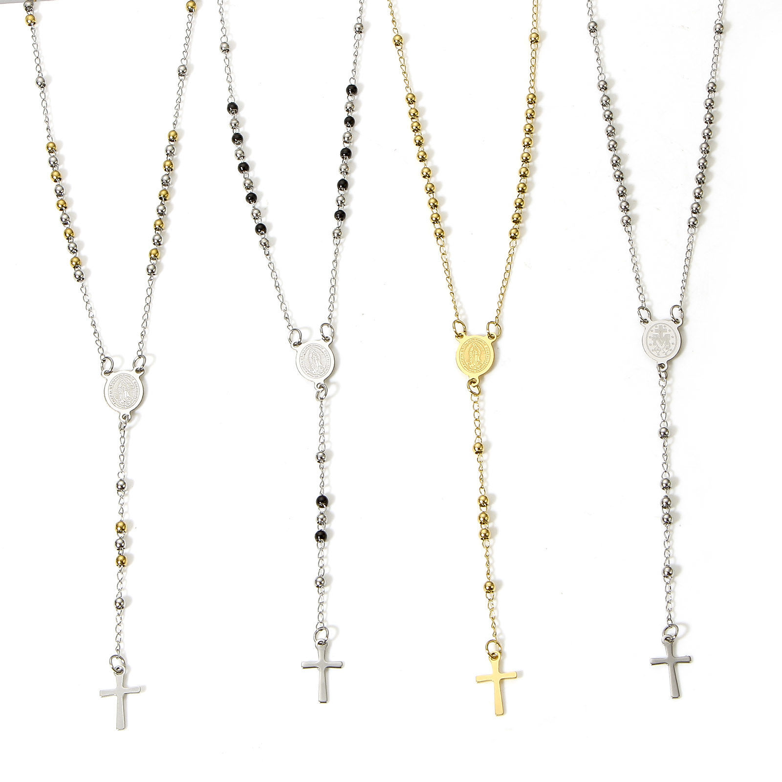 Image de 1 Pièce Collier Chapelet de Perles de Prière Chaîne à Maillons Faite à la Main en 304 Acier Inoxydable Religieux Croix Sainte Vierge Marie 53cm Long
