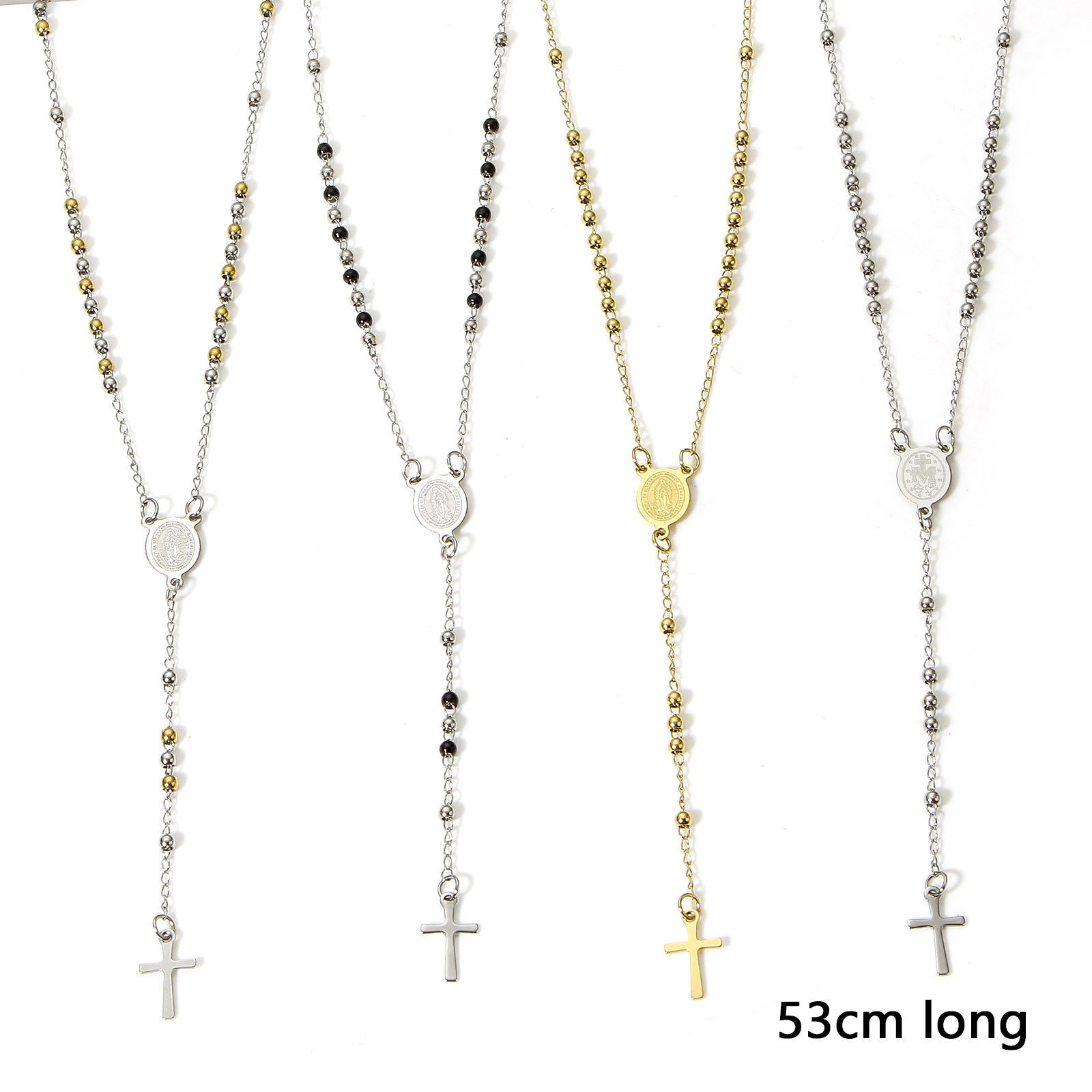 Image de 1 Pièce Collier Chapelet de Perles de Prière Chaîne à Maillons Faite à la Main en 304 Acier Inoxydable Religieux Croix Sainte Vierge Marie 53cm Long