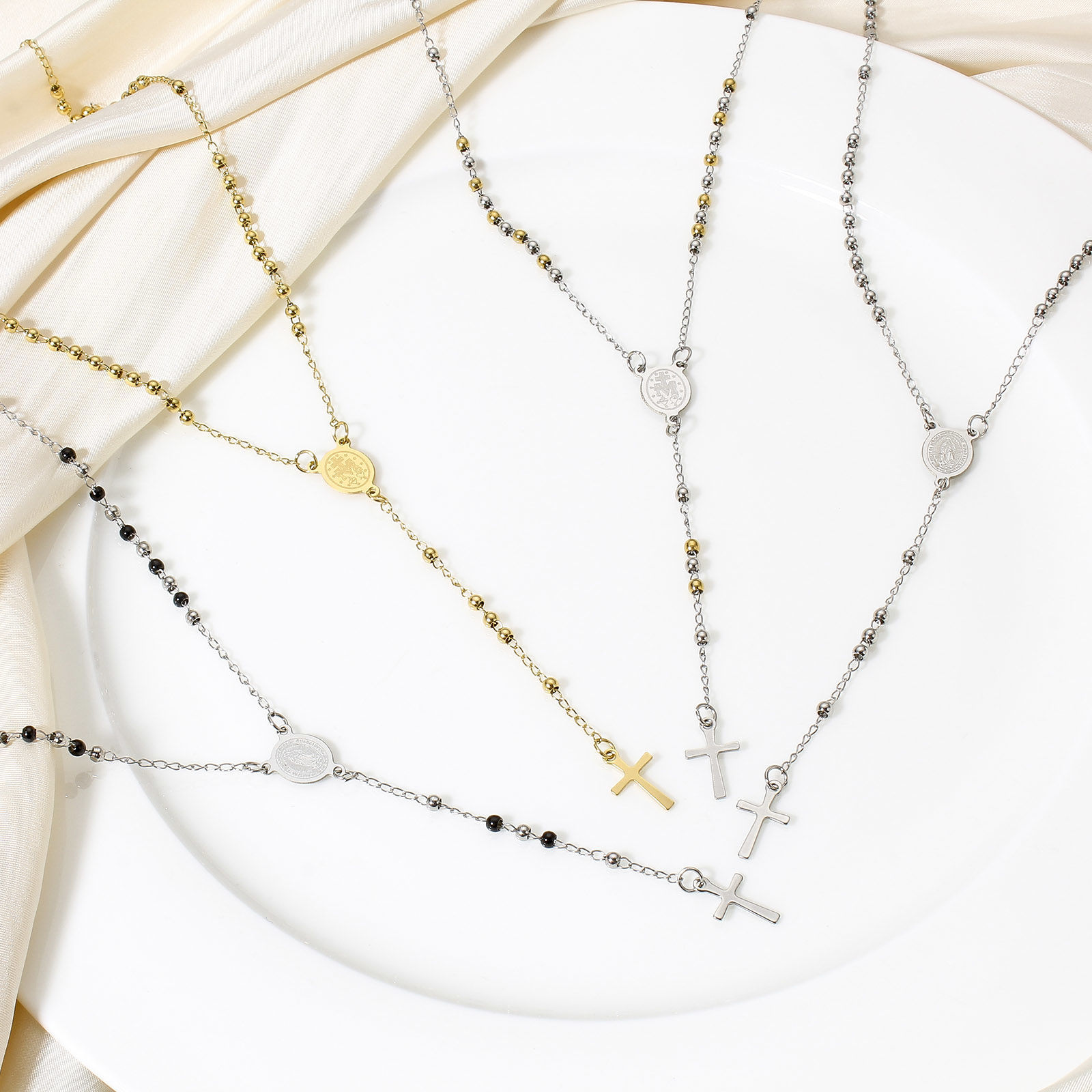 Image de 1 Pièce Collier Chapelet de Perles de Prière Chaîne à Maillons Faite à la Main en 304 Acier Inoxydable Religieux Croix Sainte Vierge Marie 53cm Long