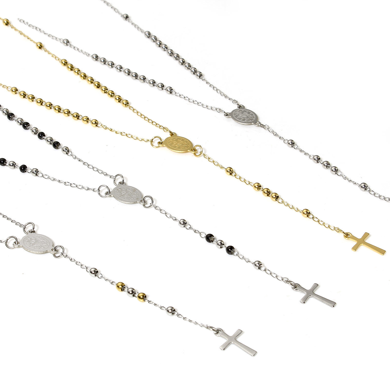 Image de 1 Pièce Collier Chapelet de Perles de Prière Chaîne à Maillons Faite à la Main en 304 Acier Inoxydable Religieux Croix Sainte Vierge Marie 53cm Long