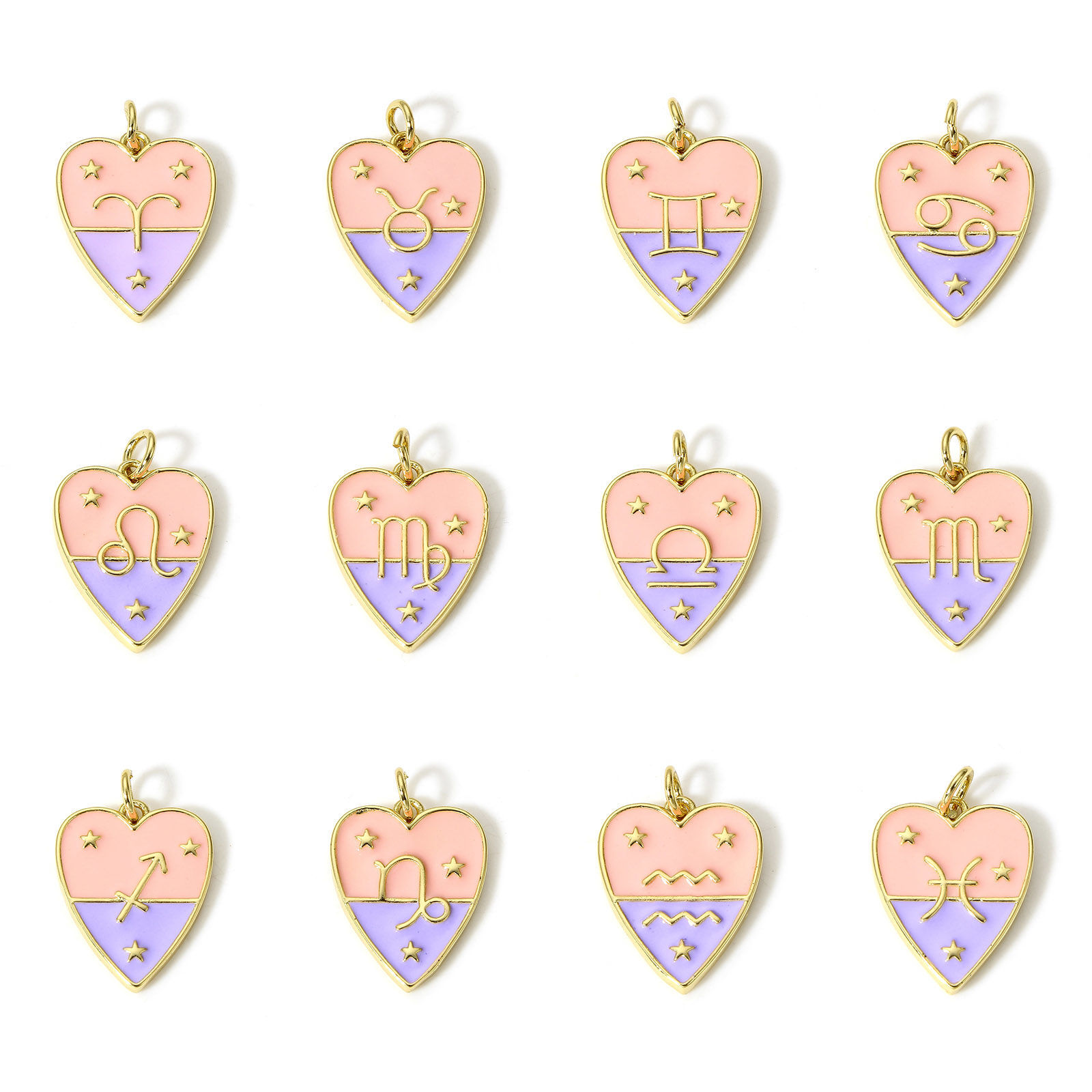 Picture of Brass Charms 18K Real Gold Plated Heart Constellation Enamel 22mm x 15mm