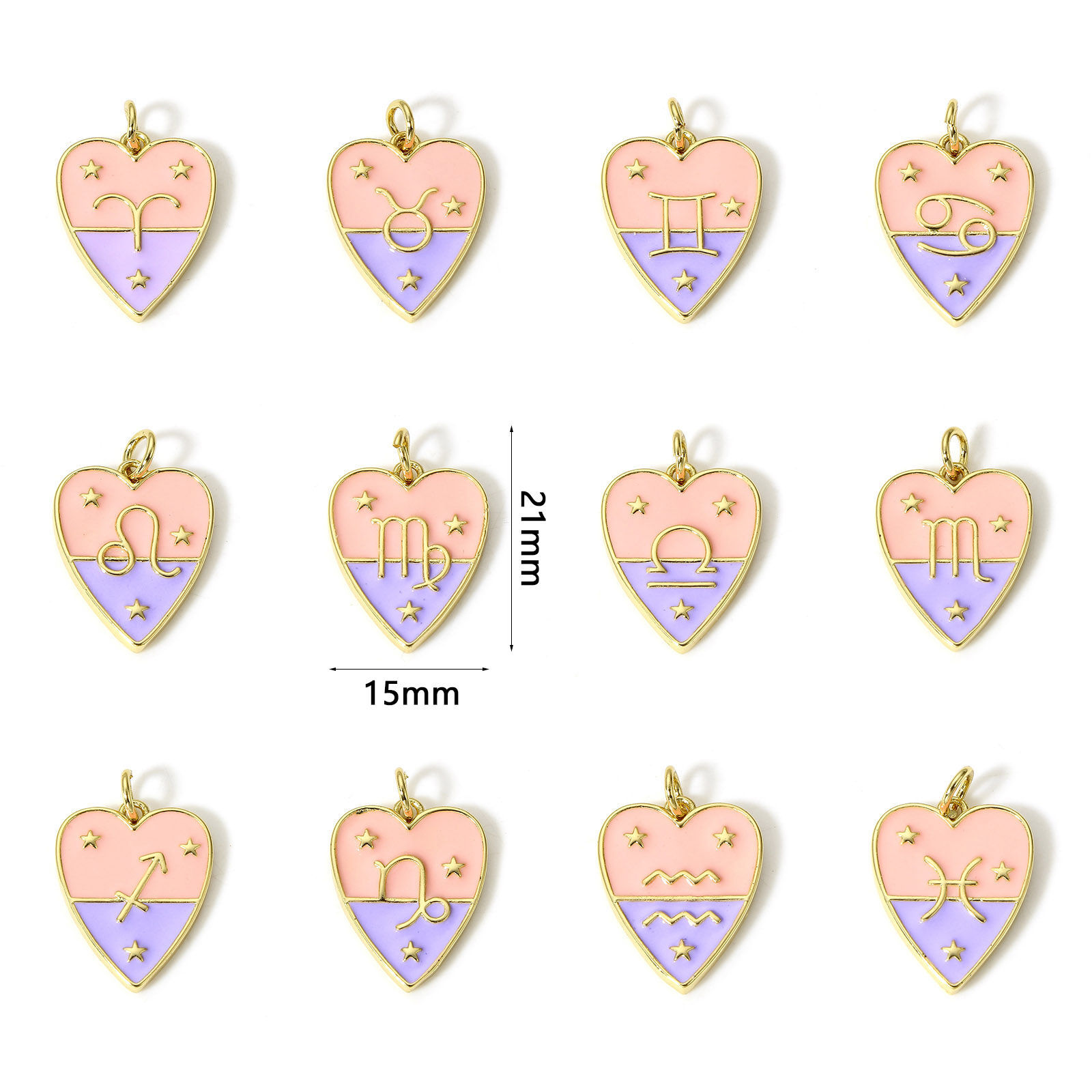 Picture of Brass Charms 18K Real Gold Plated Heart Constellation Enamel 22mm x 15mm