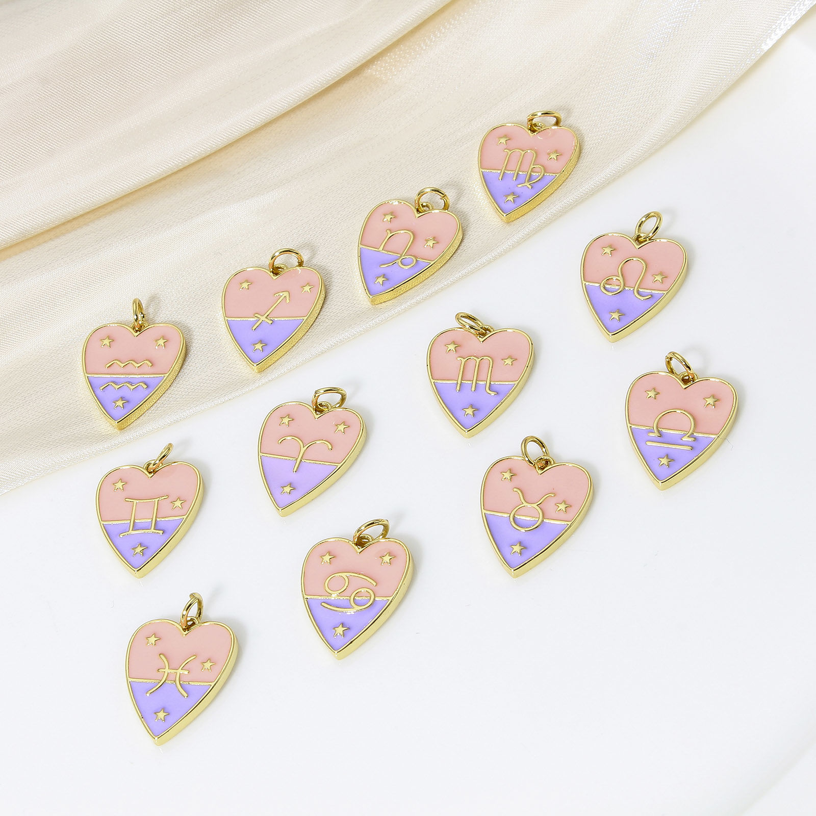 Picture of Brass Charms 18K Real Gold Plated Heart Constellation Enamel 22mm x 15mm