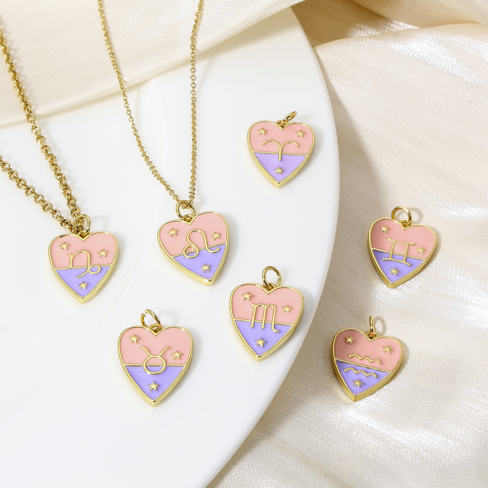 Picture of Brass Charms 18K Real Gold Plated Heart Constellation Enamel 22mm x 15mm