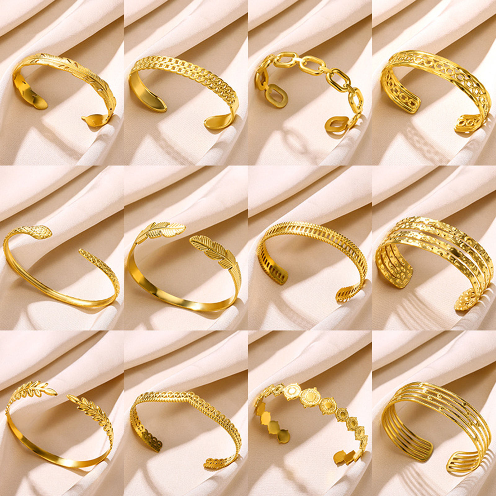 Picture of 304 Stainless Steel Open Cuff Bangles Bracelets 18K Gold Plated Texture Textured 5.8cm Dia.
