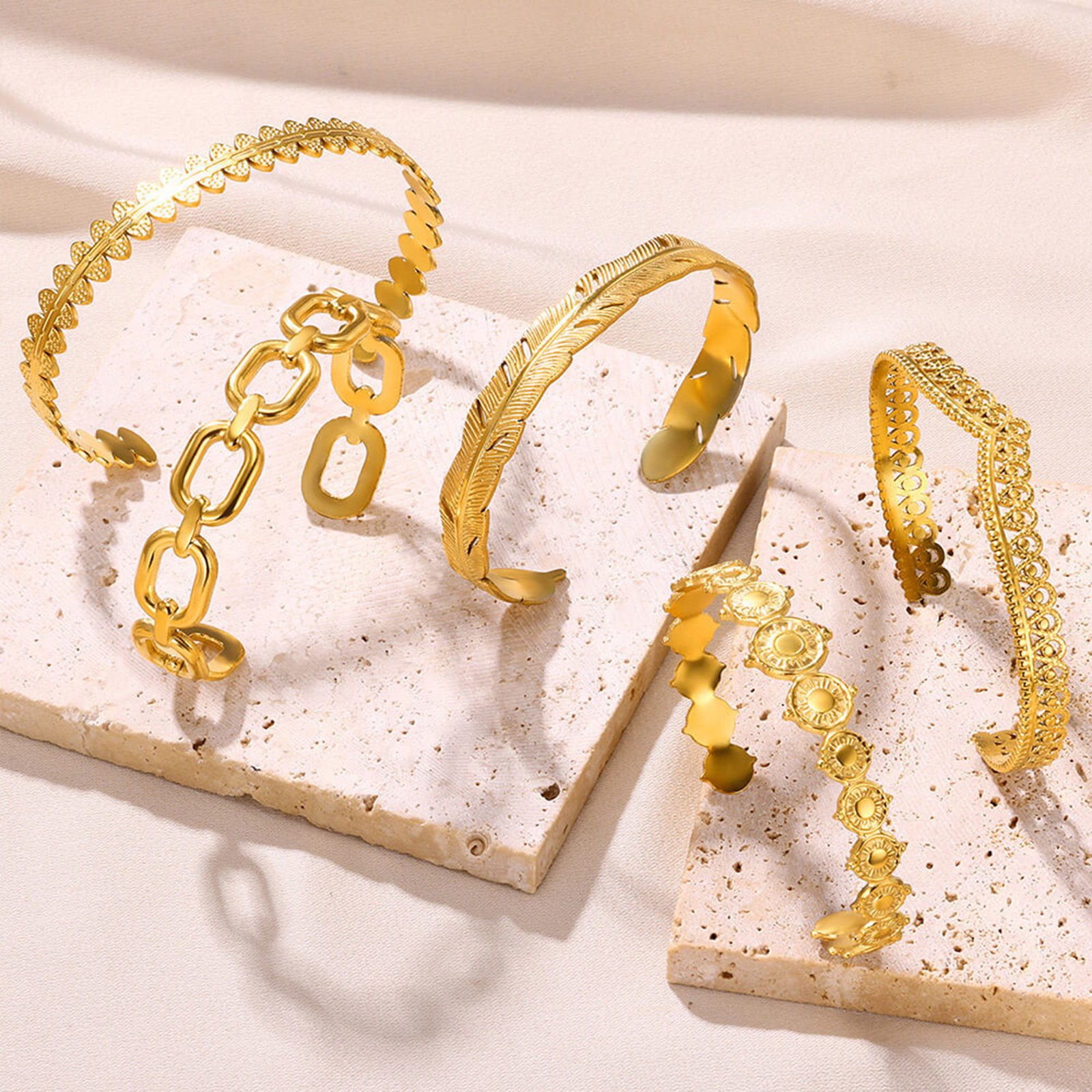 Picture of 304 Stainless Steel Open Cuff Bangles Bracelets 18K Gold Plated Texture Textured 5.8cm Dia.