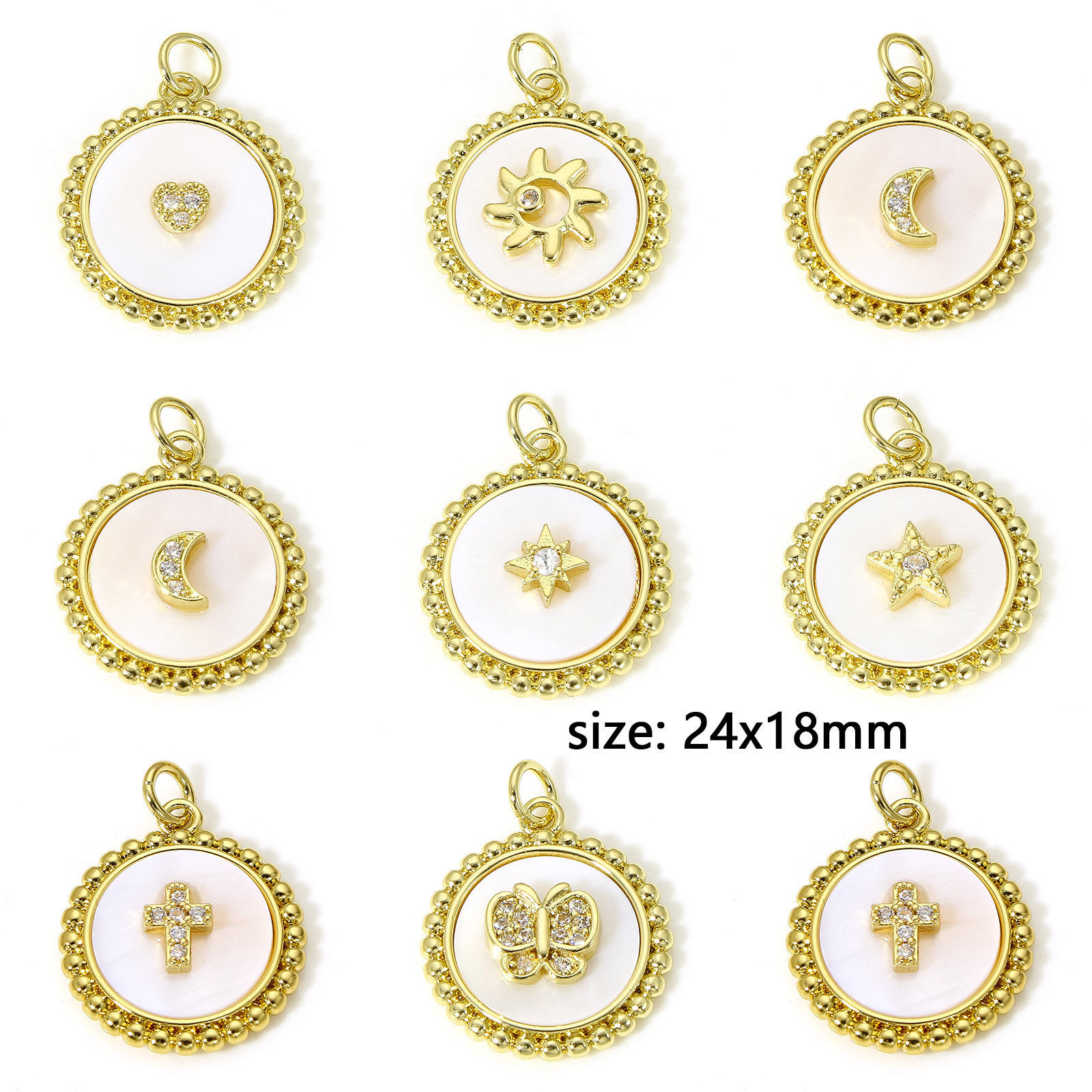 1 個 シェル+真鍮 チャーム 円形 18Kリアルゴールドメッキ マイクロパヴェ クリアジルコン 24mmx 18mm の画像