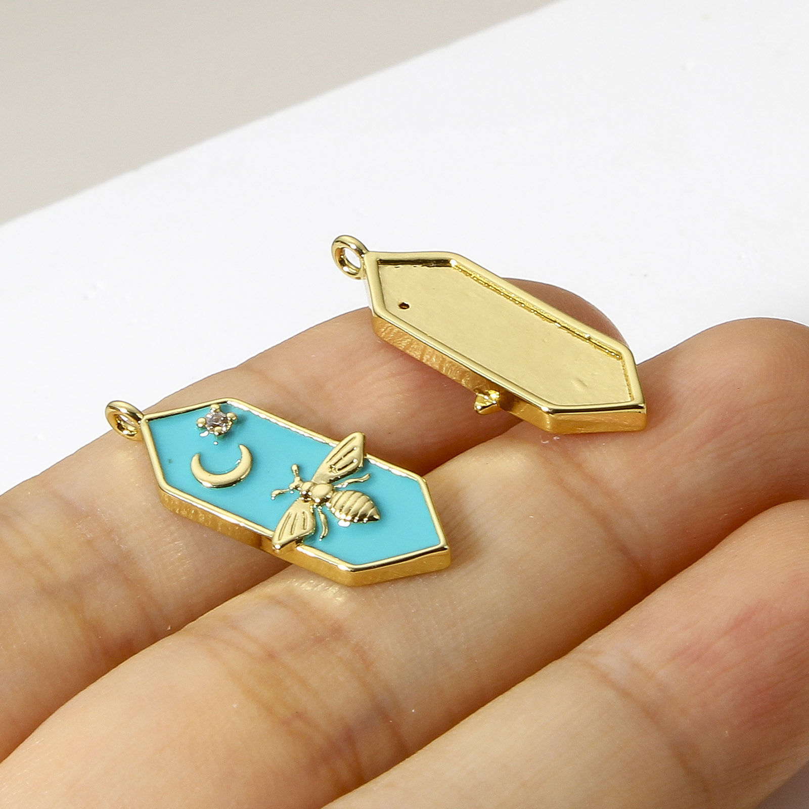 Picture of Brass Charms 18K Real Gold Plated Multicolor Bee Animal Moon Enamel Clear Cubic Zirconia 24mm x 8mm