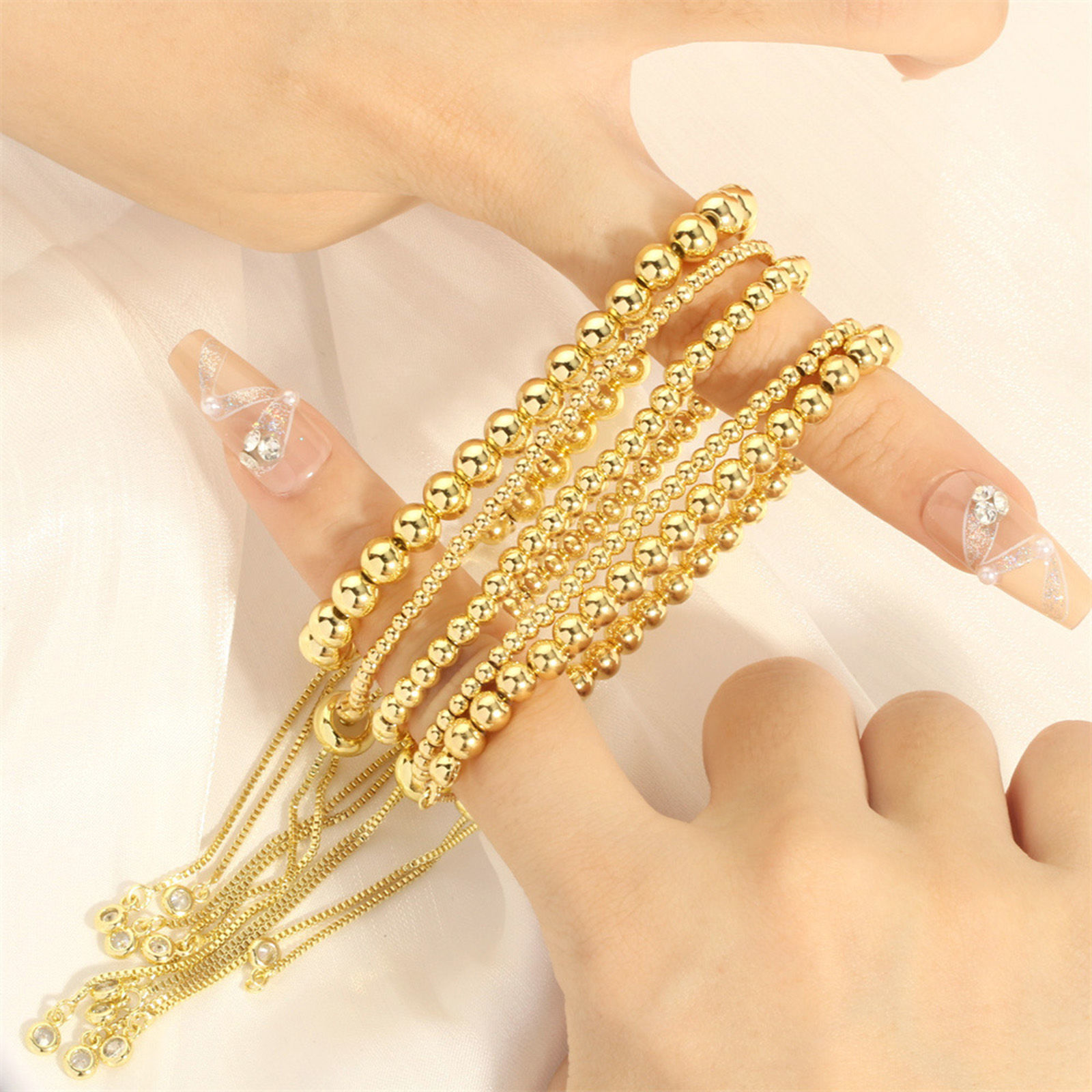 Picture of Eco-friendly Vacuum Plating Simple & Casual Retro 18K Real Gold Plated Copper & Cubic Zirconia Ball Chain Adjustable Slider/ Slide Bolo Bracelets For Women Party