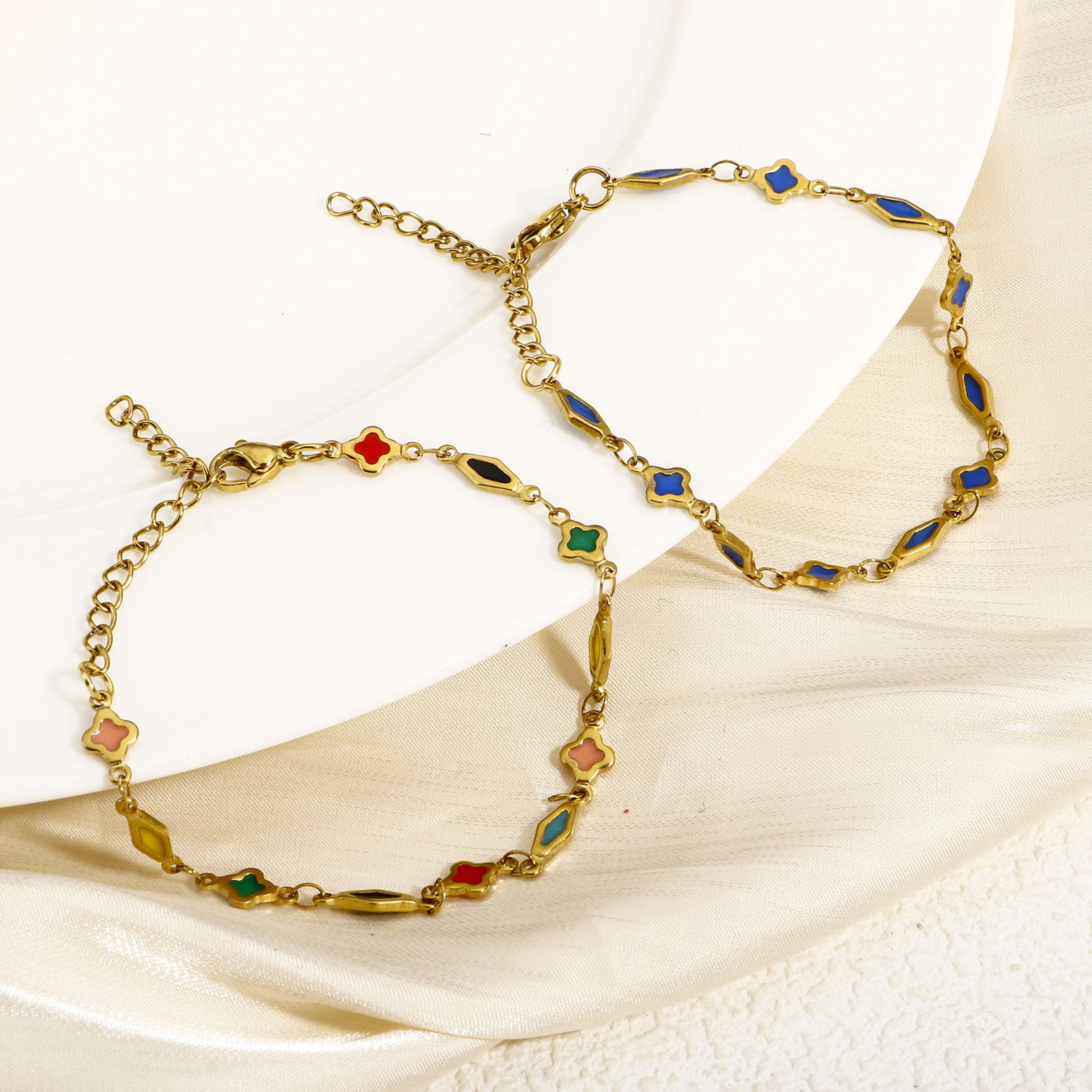 Picture of Eco-friendly Vacuum Plating 304 Stainless Steel Handmade Link Chain Bracelets 18K Gold Plated Geometric Double-sided Enamel 16cm(6 2/8") long