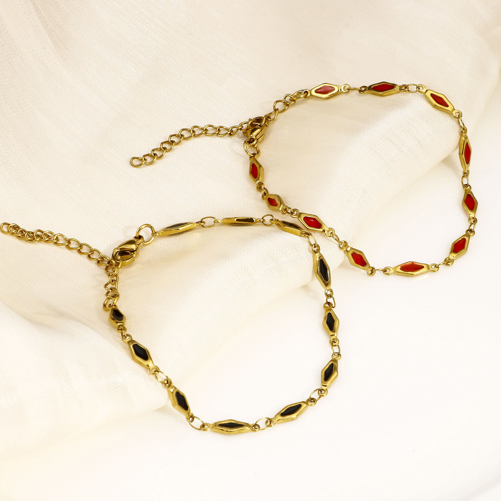 Immagine di 1 Pz Placcatura Sottovuoto Ecologica 304 Acciaio Inossidabile Catena a Maglia Fatta a Mano Braccialetti Placcato Oro 18K Rombo Smalto a Doppia Faccia 17.5cm Lunghezza