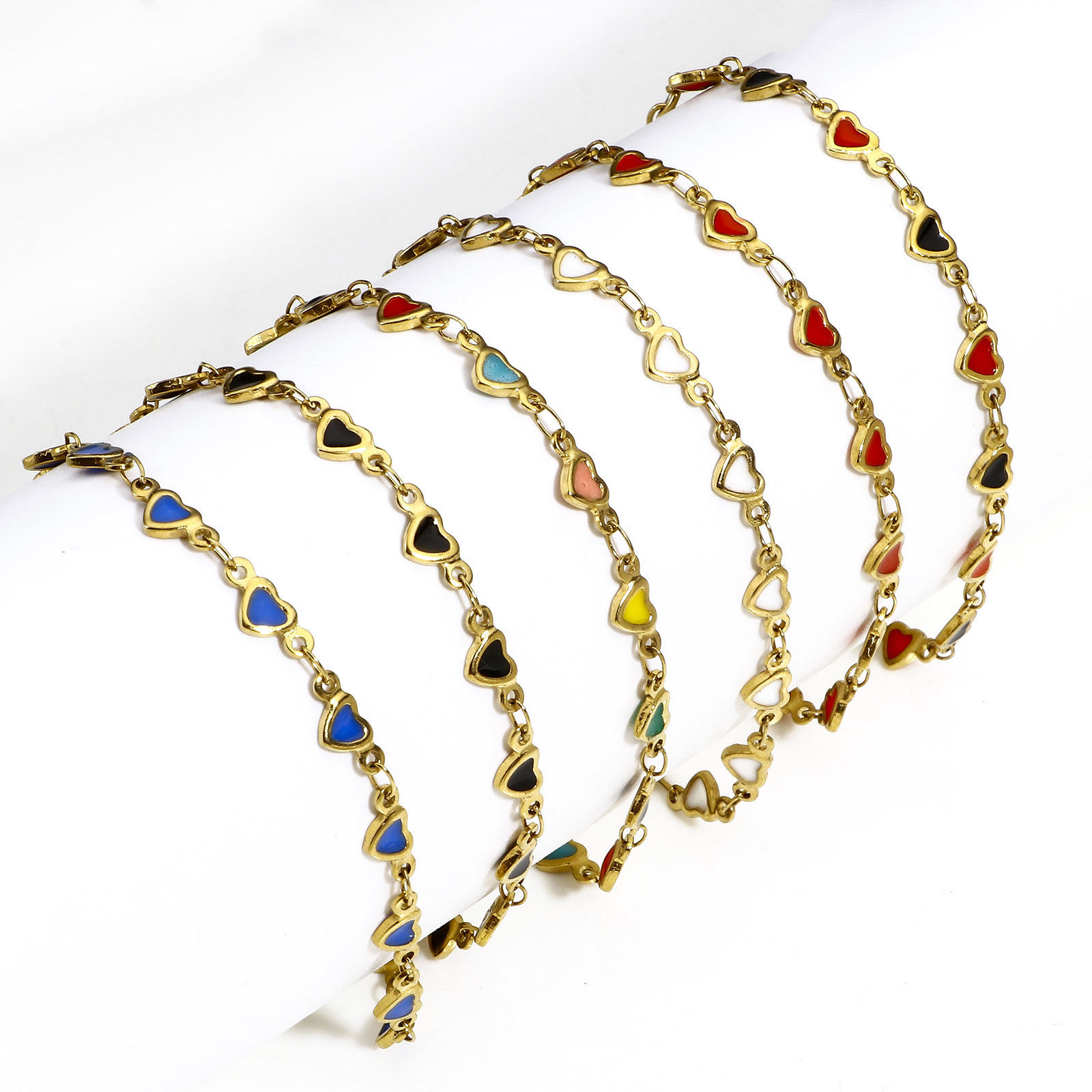 Imagen de 1 Unidad Enchapado al Vacío Ecológico 304 Acero Inoxidable día de San Valentín Cadena de Eslabones Hechos a Mano Pulseras Chapado en Oro de 18K Corazón Esmalte de Doble Cara 16.5cm longitud