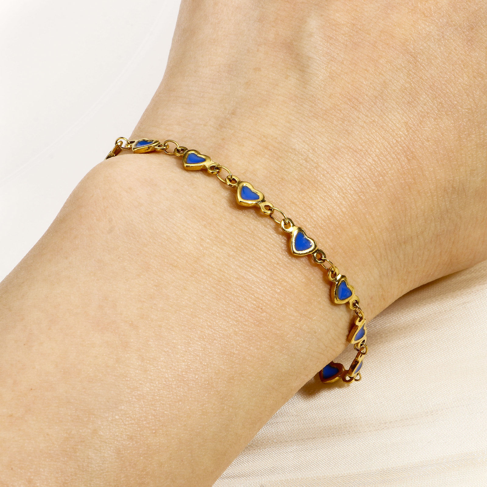 Imagen de 1 Unidad Enchapado al Vacío Ecológico 304 Acero Inoxidable día de San Valentín Cadena de Eslabones Hechos a Mano Pulseras Chapado en Oro de 18K Corazón Esmalte de Doble Cara 16.5cm longitud