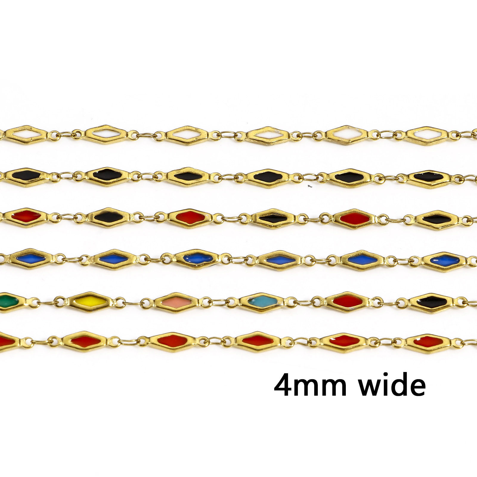Picture of 1 M Vacuum Plating 304 Stainless Steel Double-sided Enamel Handmade Link Chain For Handmade DIY Jewelry Making Findings Rhombus 18K Gold Plated 4mm