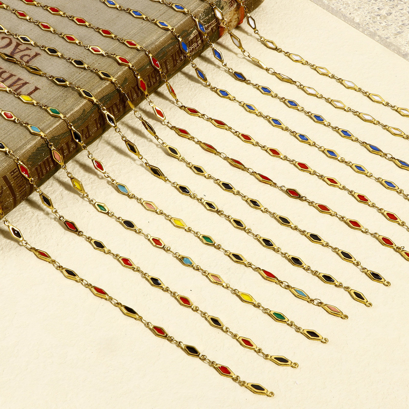 Picture of 1 M Vacuum Plating 304 Stainless Steel Double-sided Enamel Handmade Link Chain For Handmade DIY Jewelry Making Findings Rhombus 18K Gold Plated 4mm