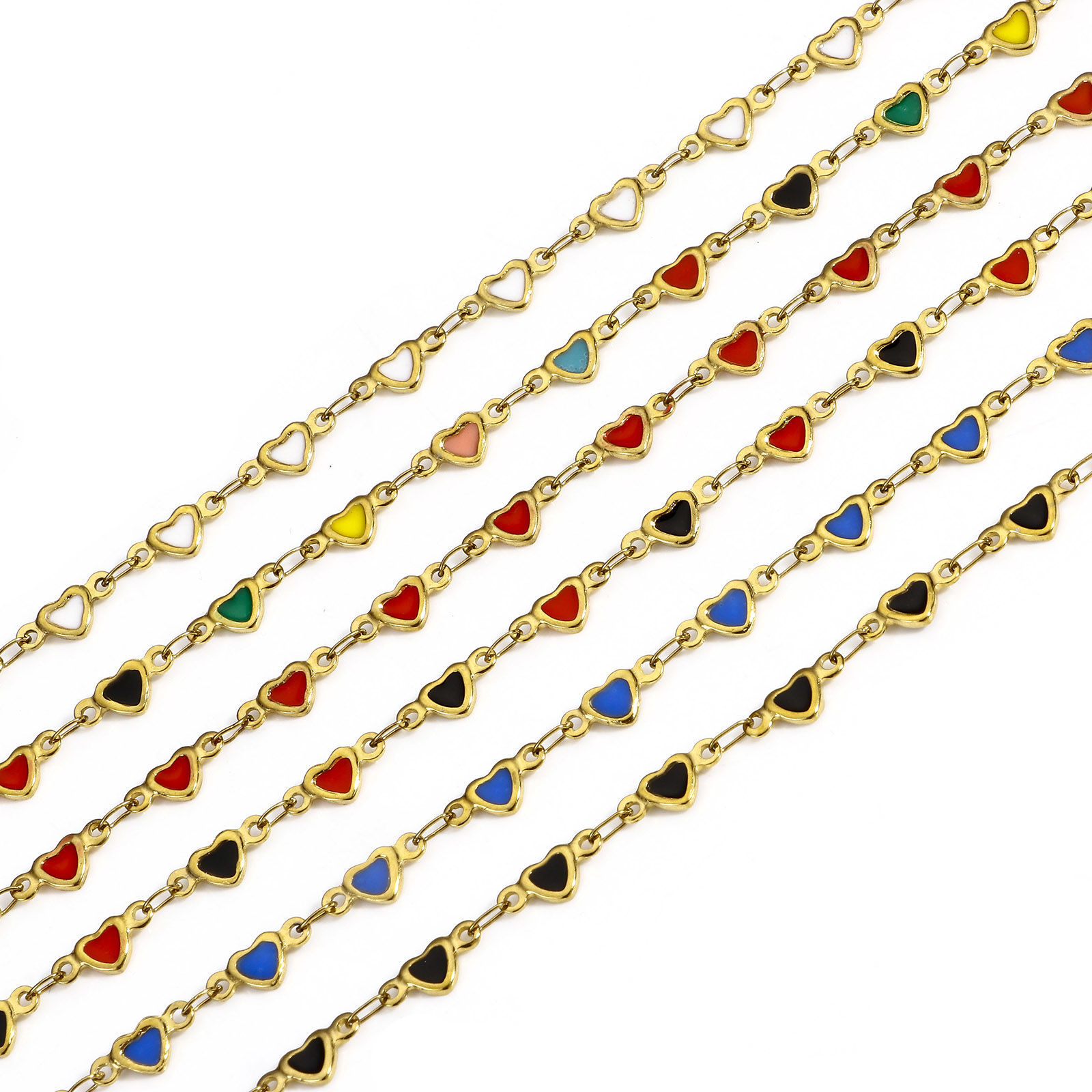 Picture of 1 M Vacuum Plating 304 Stainless Steel Valentine's Day Double-sided Enamel Handmade Link Chain For Handmade DIY Jewelry Making Findings Heart 18K Gold Plated 5mm