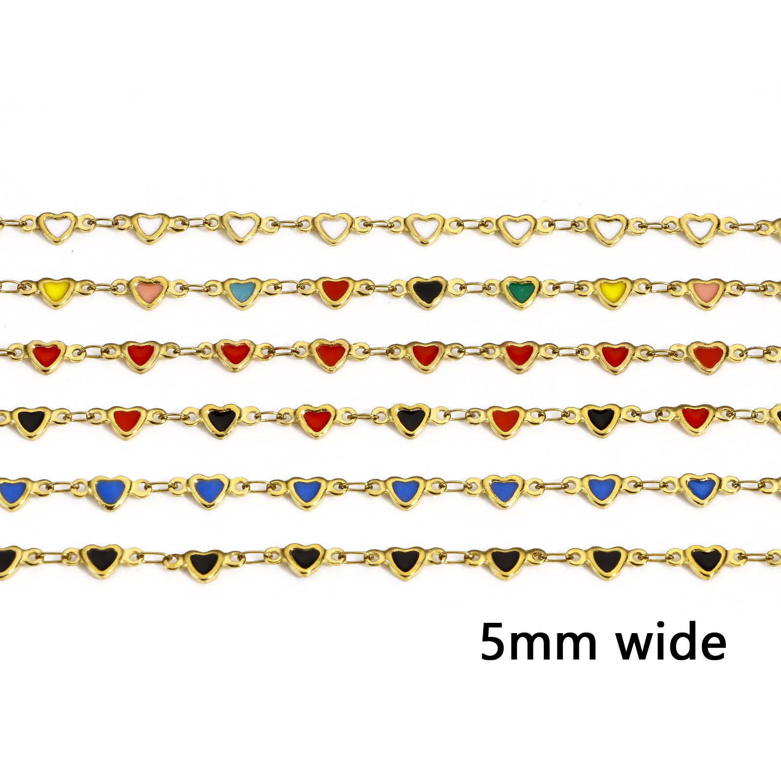 Picture of 1 M Vacuum Plating 304 Stainless Steel Valentine's Day Double-sided Enamel Handmade Link Chain For Handmade DIY Jewelry Making Findings Heart 18K Gold Plated 5mm