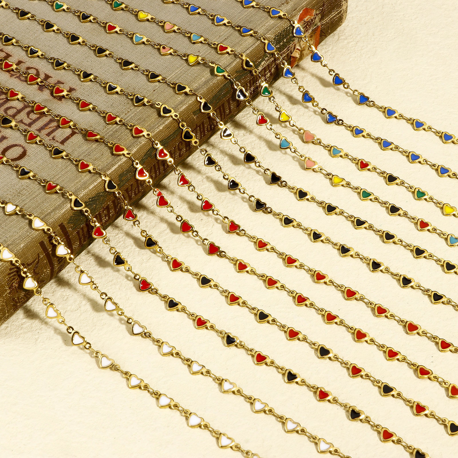 Picture of 1 M Vacuum Plating 304 Stainless Steel Valentine's Day Double-sided Enamel Handmade Link Chain For Handmade DIY Jewelry Making Findings Heart 18K Gold Plated 5mm