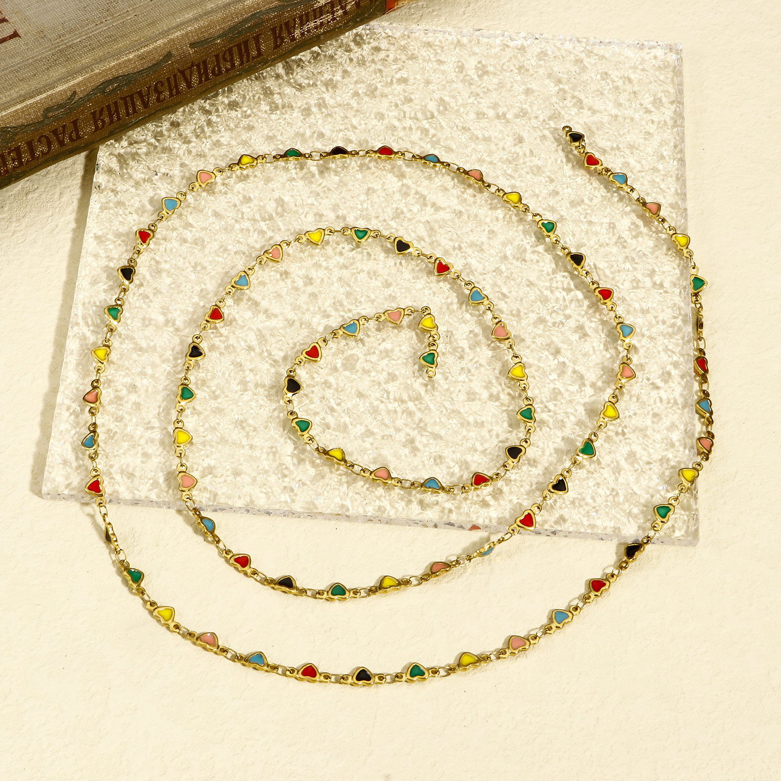 Picture of 1 M Vacuum Plating 304 Stainless Steel Valentine's Day Double-sided Enamel Handmade Link Chain For Handmade DIY Jewelry Making Findings Heart 18K Gold Plated 5mm