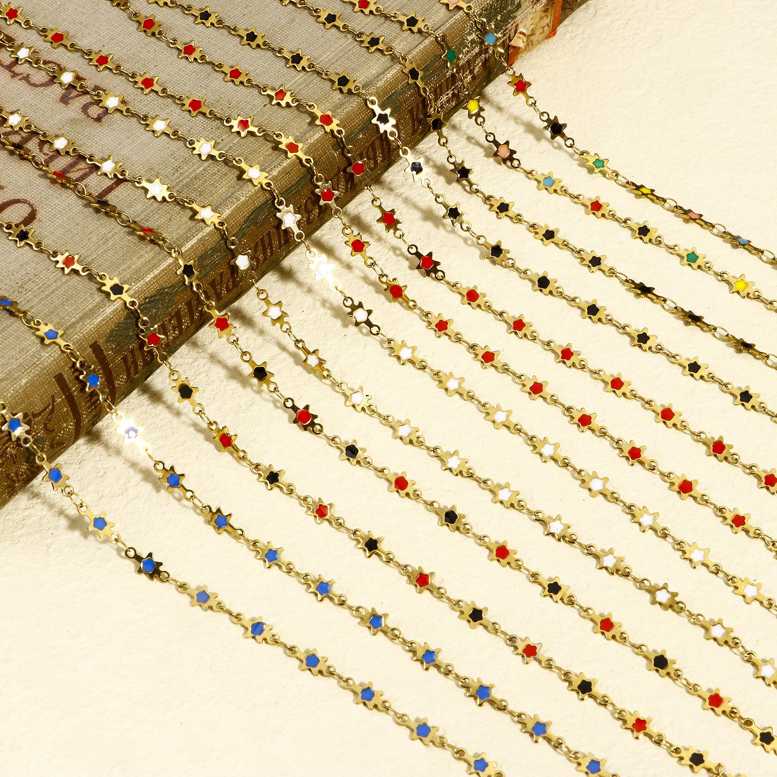 Picture of 1 M Vacuum Plating 304 Stainless Steel Galaxy Double-sided Enamel Handmade Link Chain For Handmade DIY Jewelry Making Findings Star 18K Gold Plated 5mm
