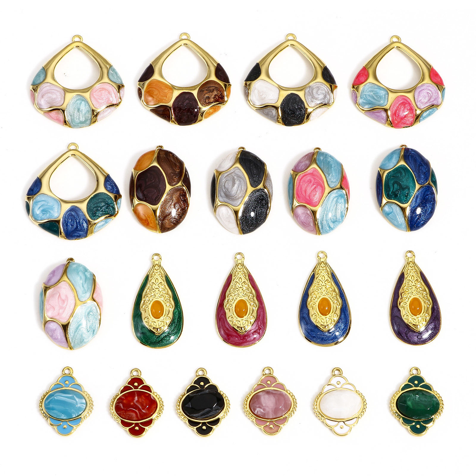 Image de 1 Pièce Breloques en 304 Acier Inoxydable & Pierre Style Royal Ovale Doré Multicolore Motif Sculpté Émail