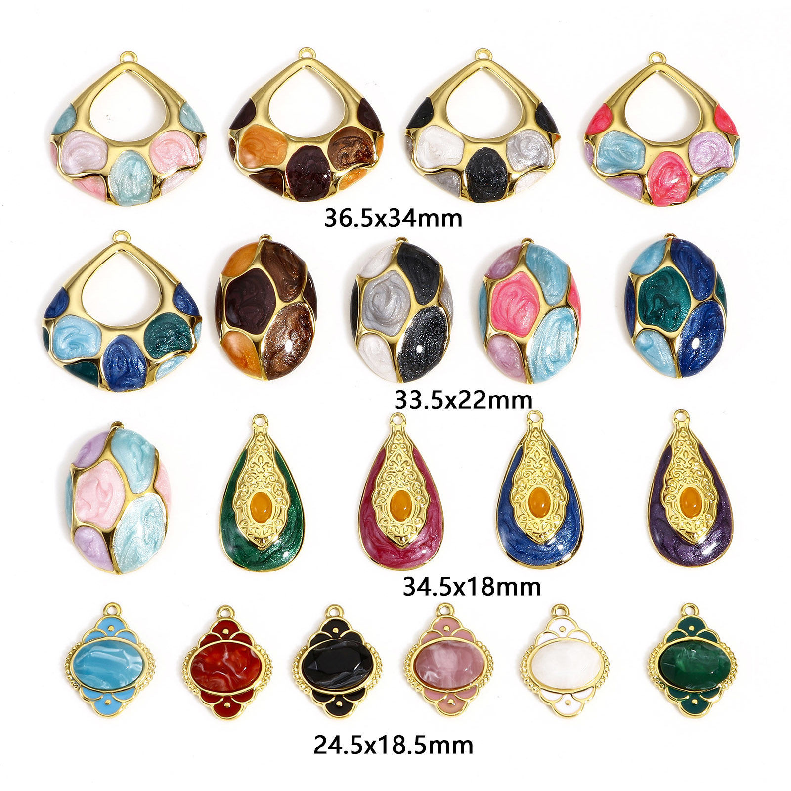 Image de 1 Pièce Breloques en 304 Acier Inoxydable & Pierre Style Royal Ovale Doré Multicolore Motif Sculpté Émail