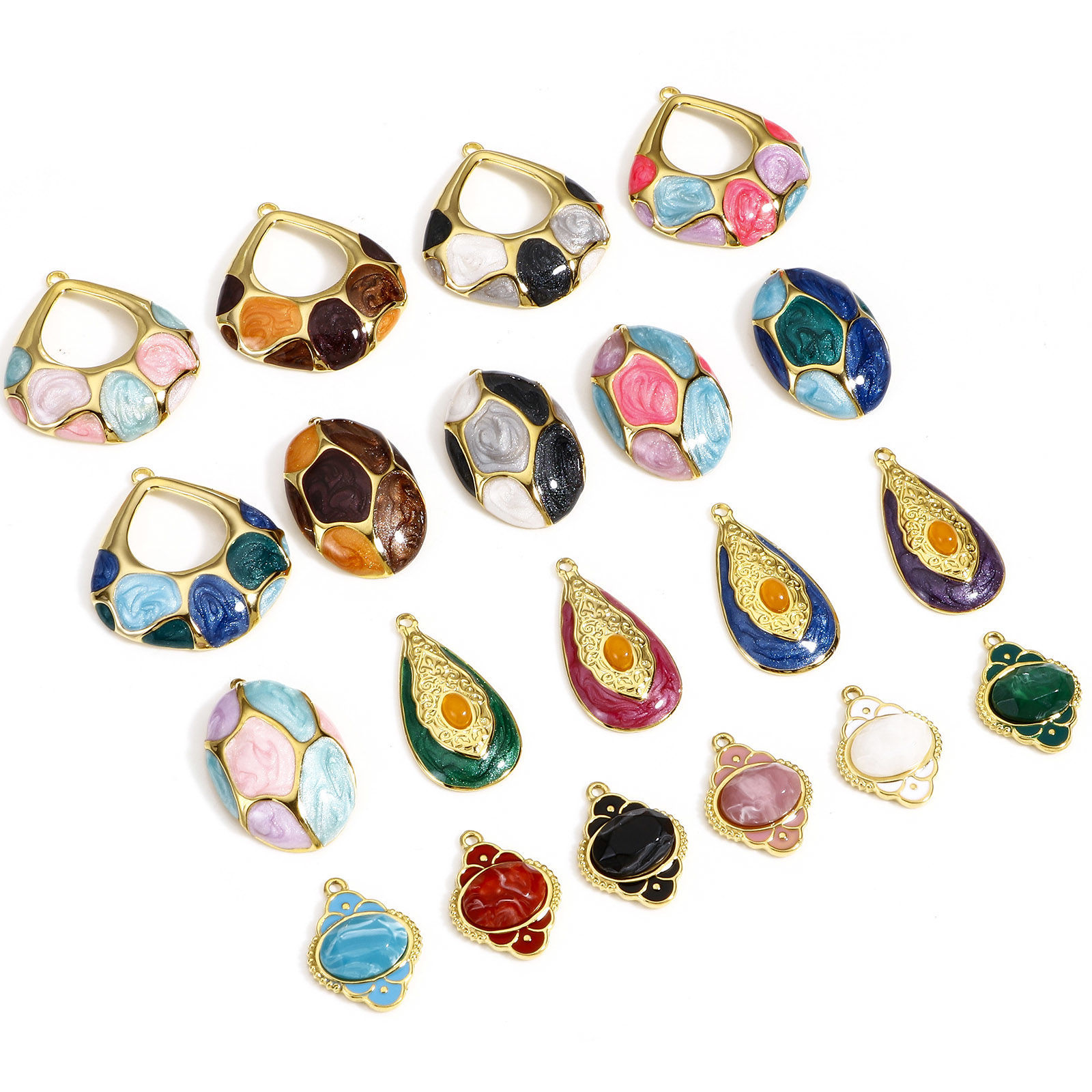 Image de 1 Pièce Breloques en 304 Acier Inoxydable & Pierre Style Royal Ovale Doré Multicolore Motif Sculpté Émail