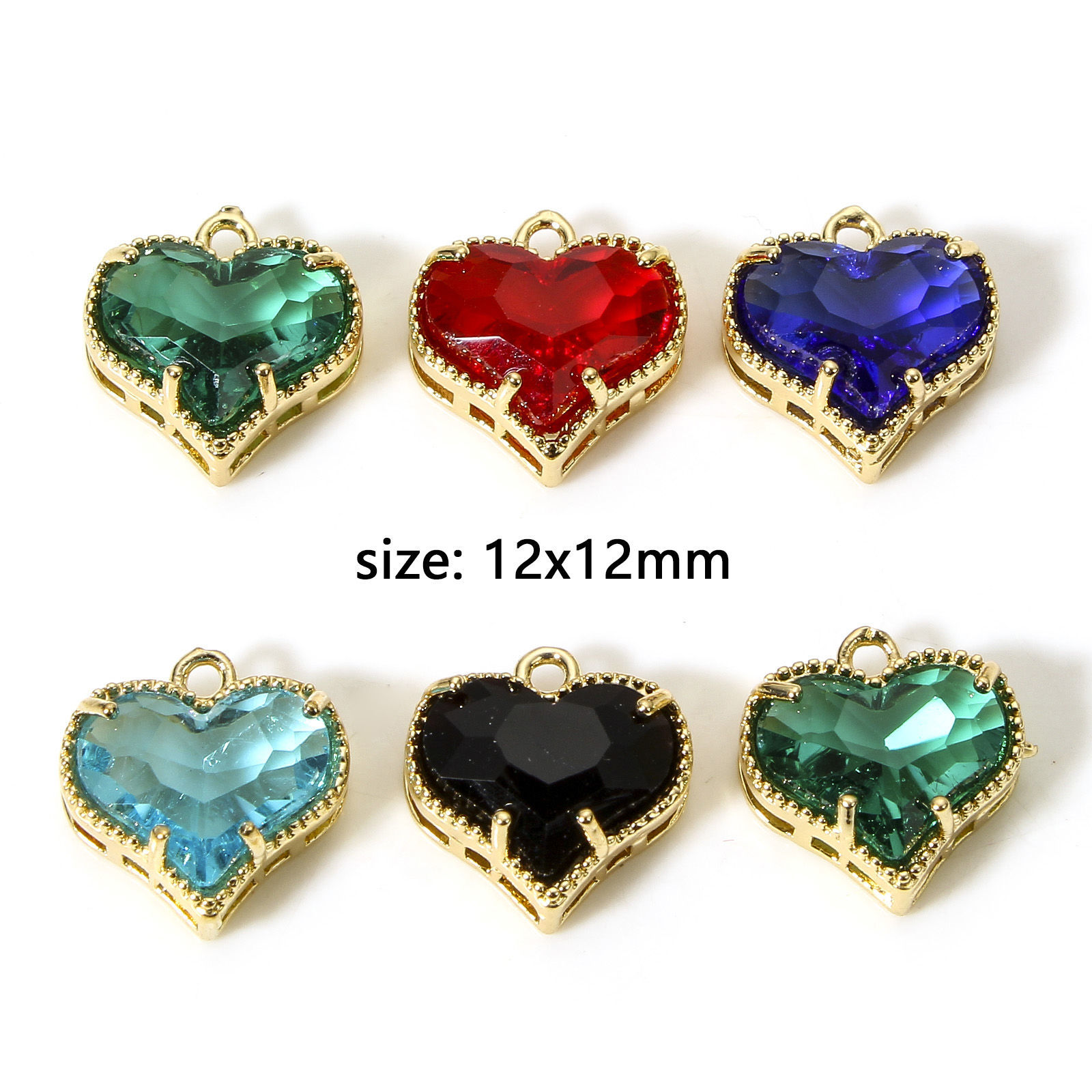 5 個 真鍮+ガラス バレンタインデー チャーム 金メッキ 多色 ハート 12mm x 12mm の画像