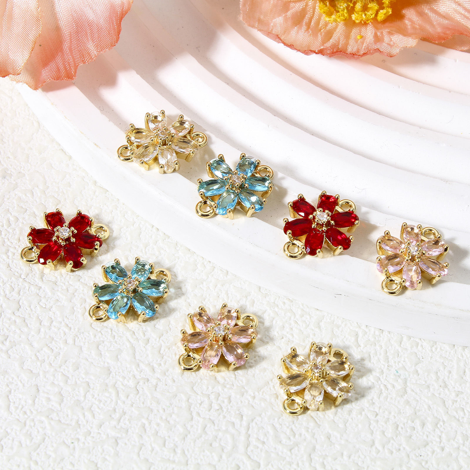 Immagine di 5 Pz Ottone + Vetro Pendenti Charms Connettori Oro Placcato Multicolore Fiore 16mm x 13mm
