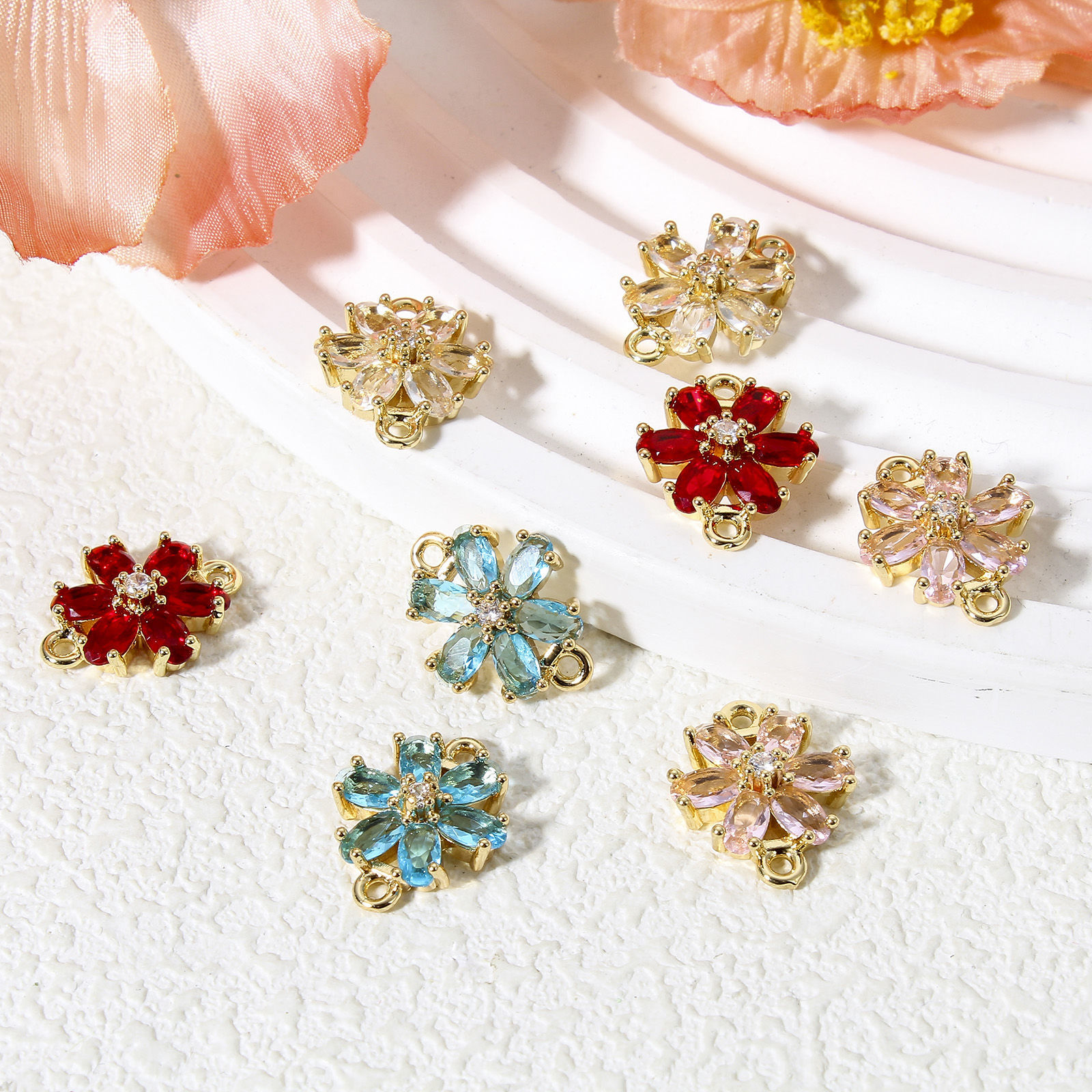 Immagine di 5 Pz Ottone + Vetro Pendenti Charms Connettori Oro Placcato Multicolore Fiore 16mm x 13mm