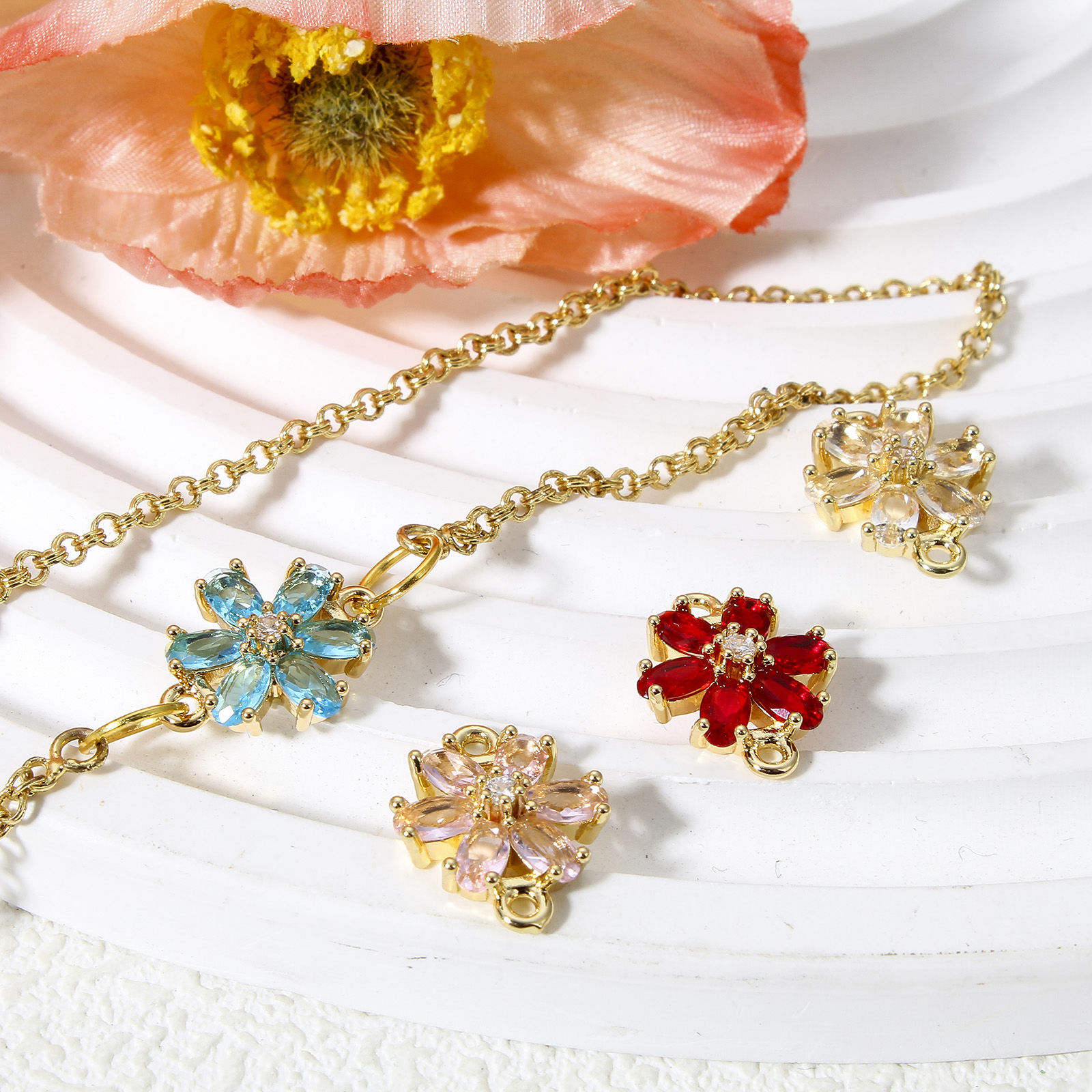 Immagine di 5 Pz Ottone + Vetro Pendenti Charms Connettori Oro Placcato Multicolore Fiore 16mm x 13mm
