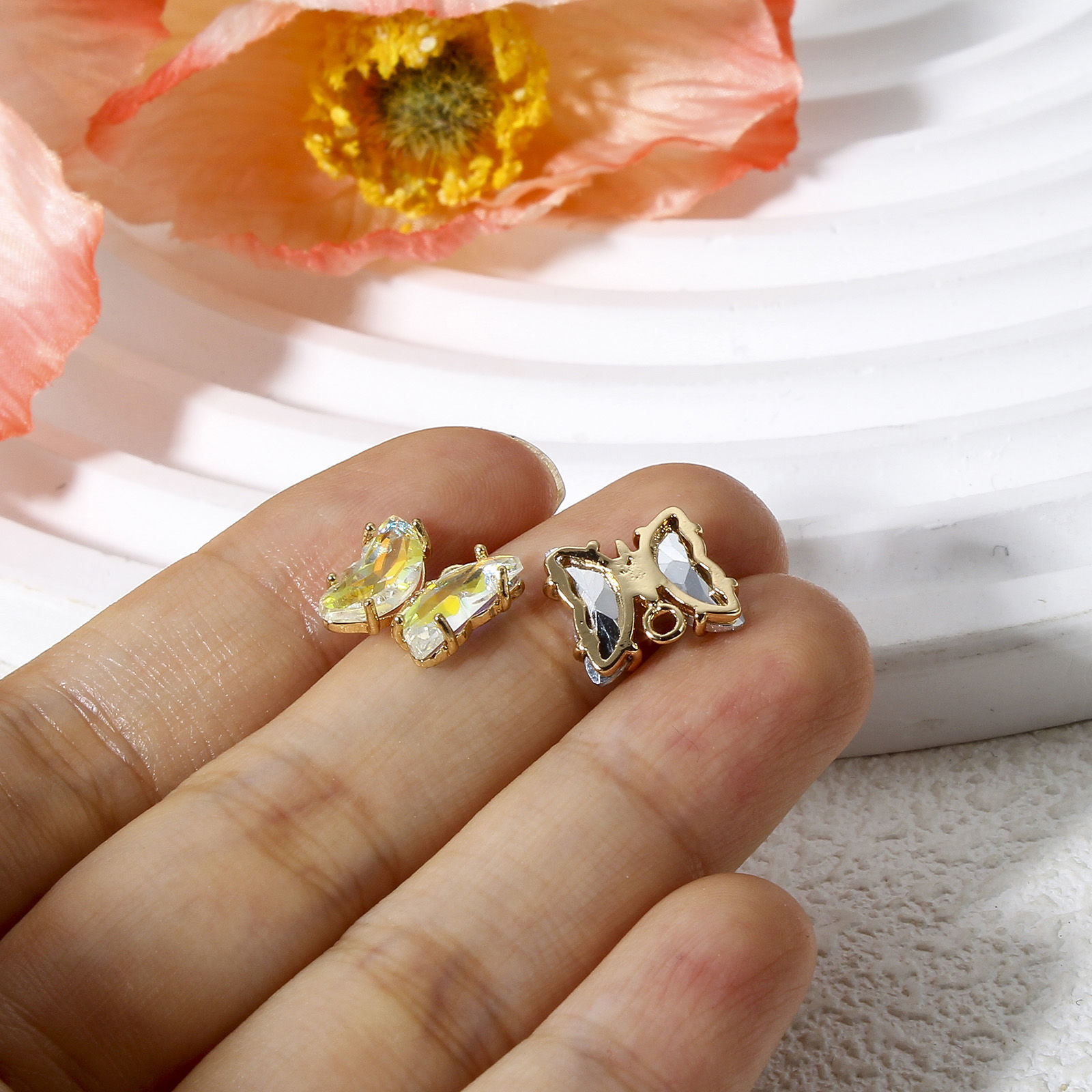 Picture of Brass & Glass Insect Charms Gold Plated Multicolor AB Rainbow Color Butterfly Animal 12mm x 10mm