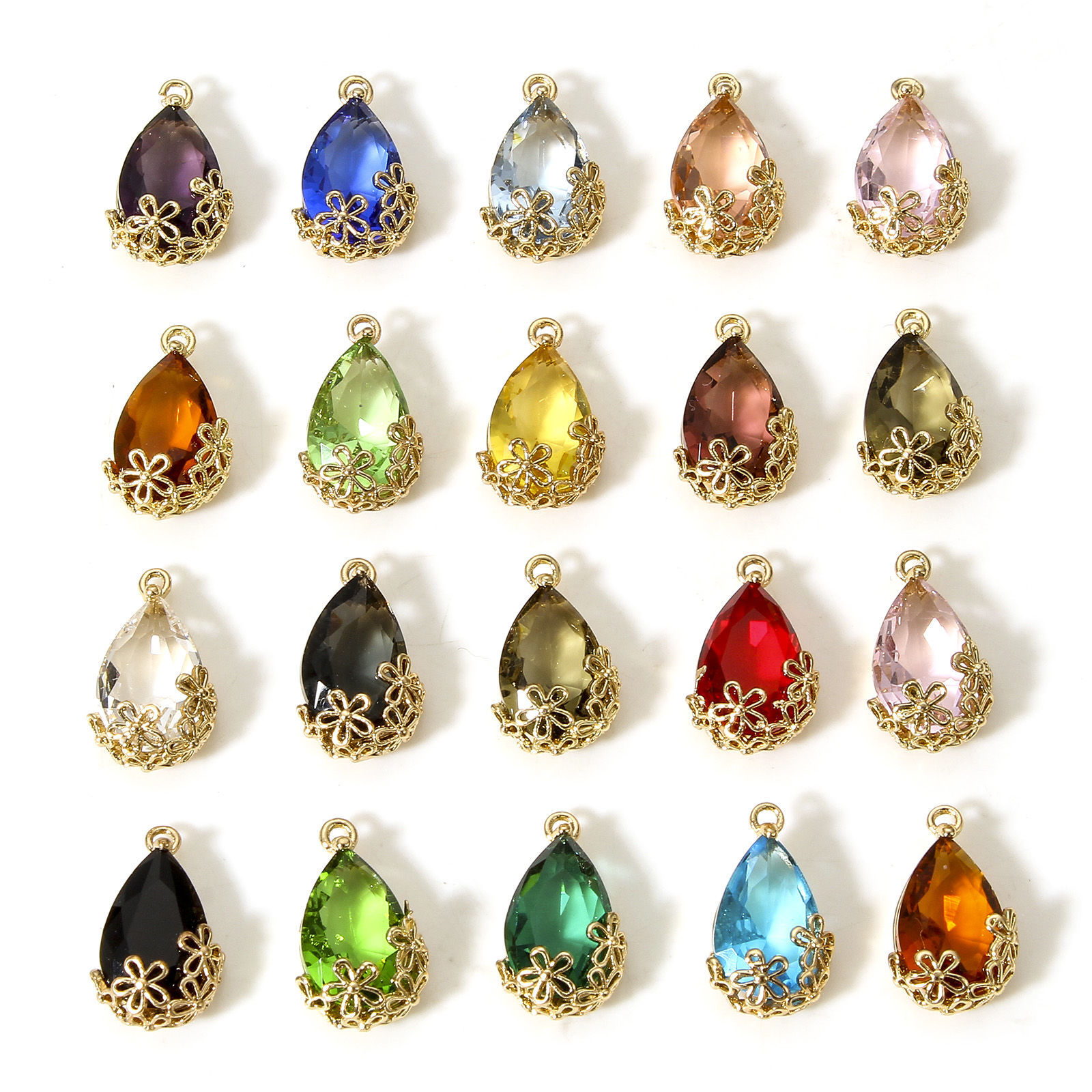 5 個 真鍮+ガラス チャーム 金メッキ 多色 滴 ドロップ 梅の花 16mm x 9.5mm の画像