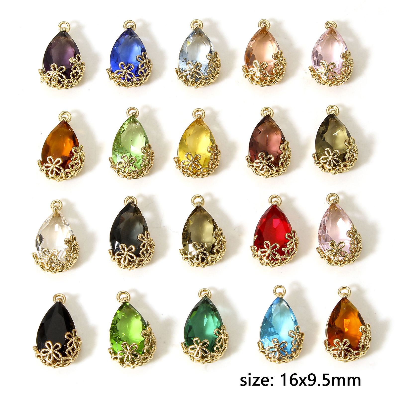 5 個 真鍮+ガラス チャーム 金メッキ 多色 滴 ドロップ 梅の花 16mm x 9.5mm の画像