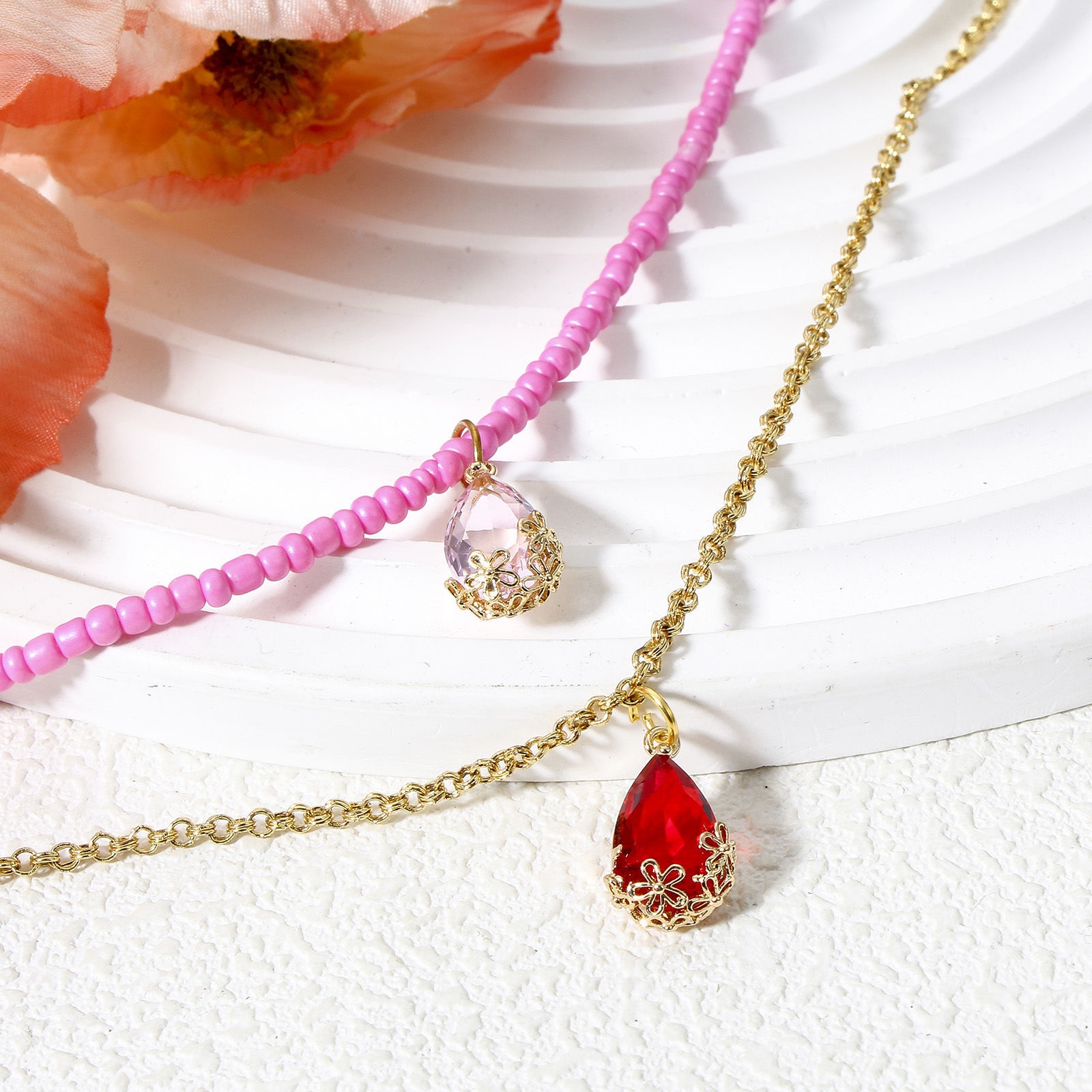 5 個 真鍮+ガラス チャーム 金メッキ 多色 滴 ドロップ 梅の花 16mm x 9.5mm の画像