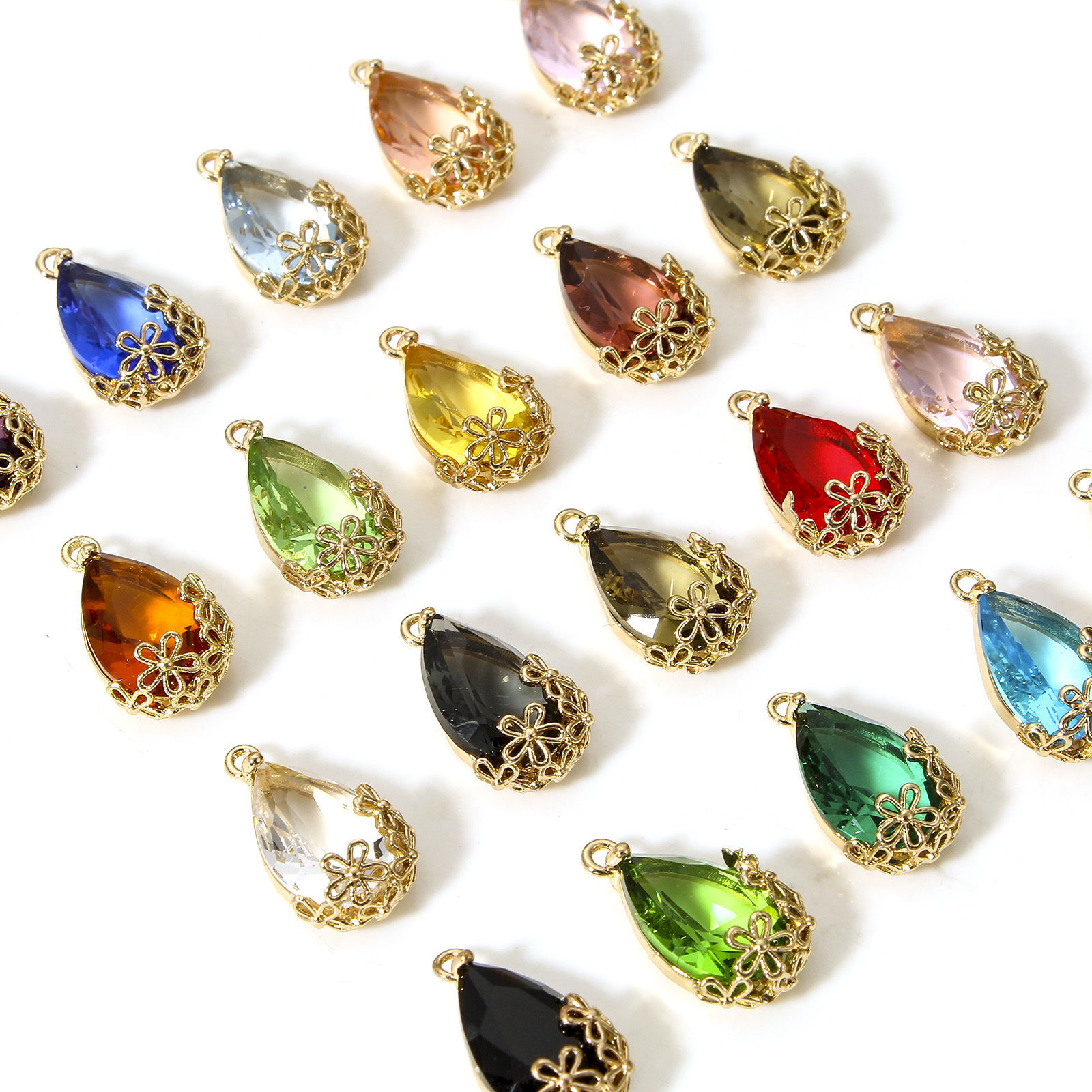5 個 真鍮+ガラス チャーム 金メッキ 多色 滴 ドロップ 梅の花 16mm x 9.5mm の画像