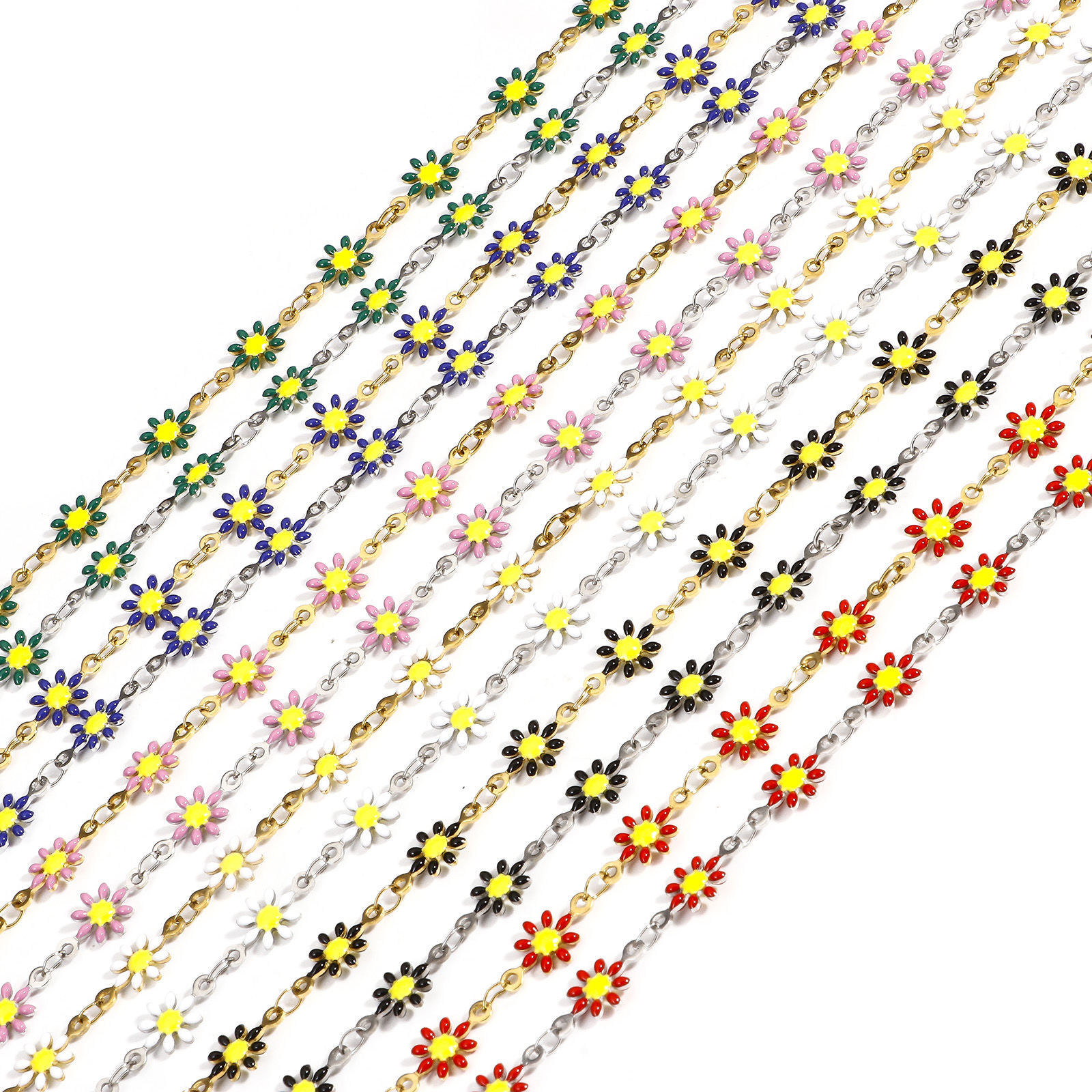 Picture of 304 Stainless Steel Handmade Link Chain For Handmade DIY Jewelry Making Findings Daisy Flower Double-sided Enamel 7.5mm
