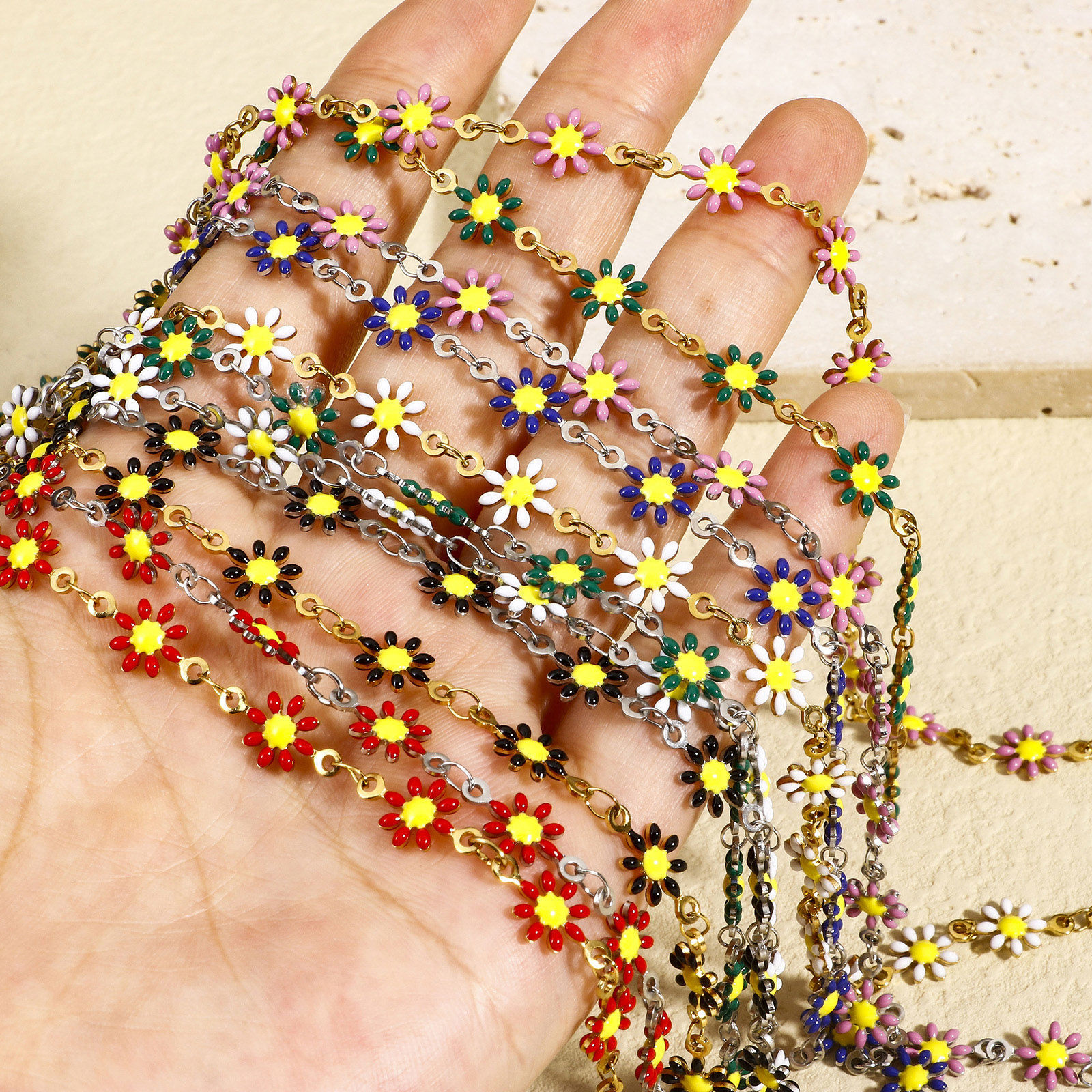Picture of 304 Stainless Steel Handmade Link Chain For Handmade DIY Jewelry Making Findings Daisy Flower Double-sided Enamel 7.5mm