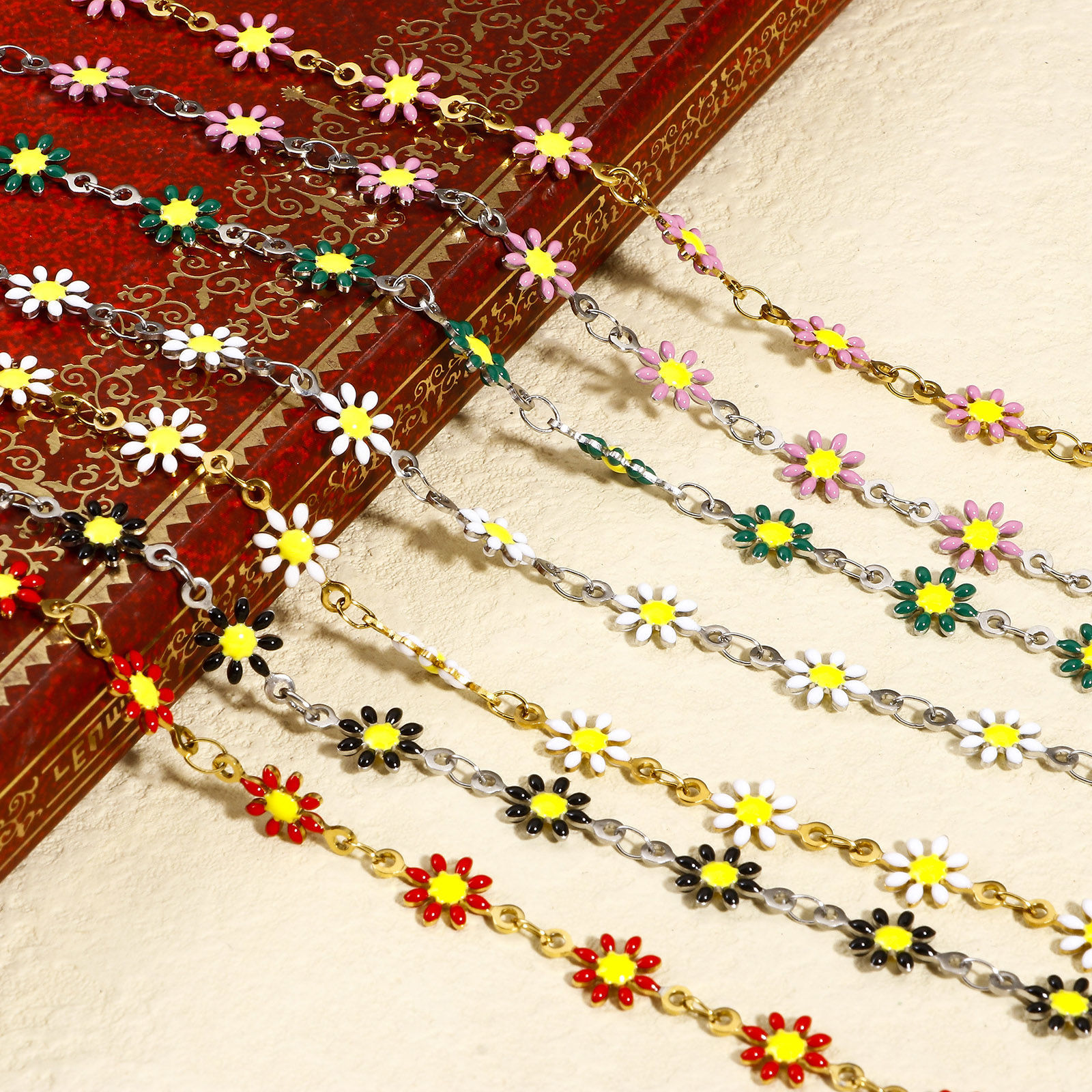 Picture of 304 Stainless Steel Handmade Link Chain For Handmade DIY Jewelry Making Findings Daisy Flower Double-sided Enamel 7.5mm
