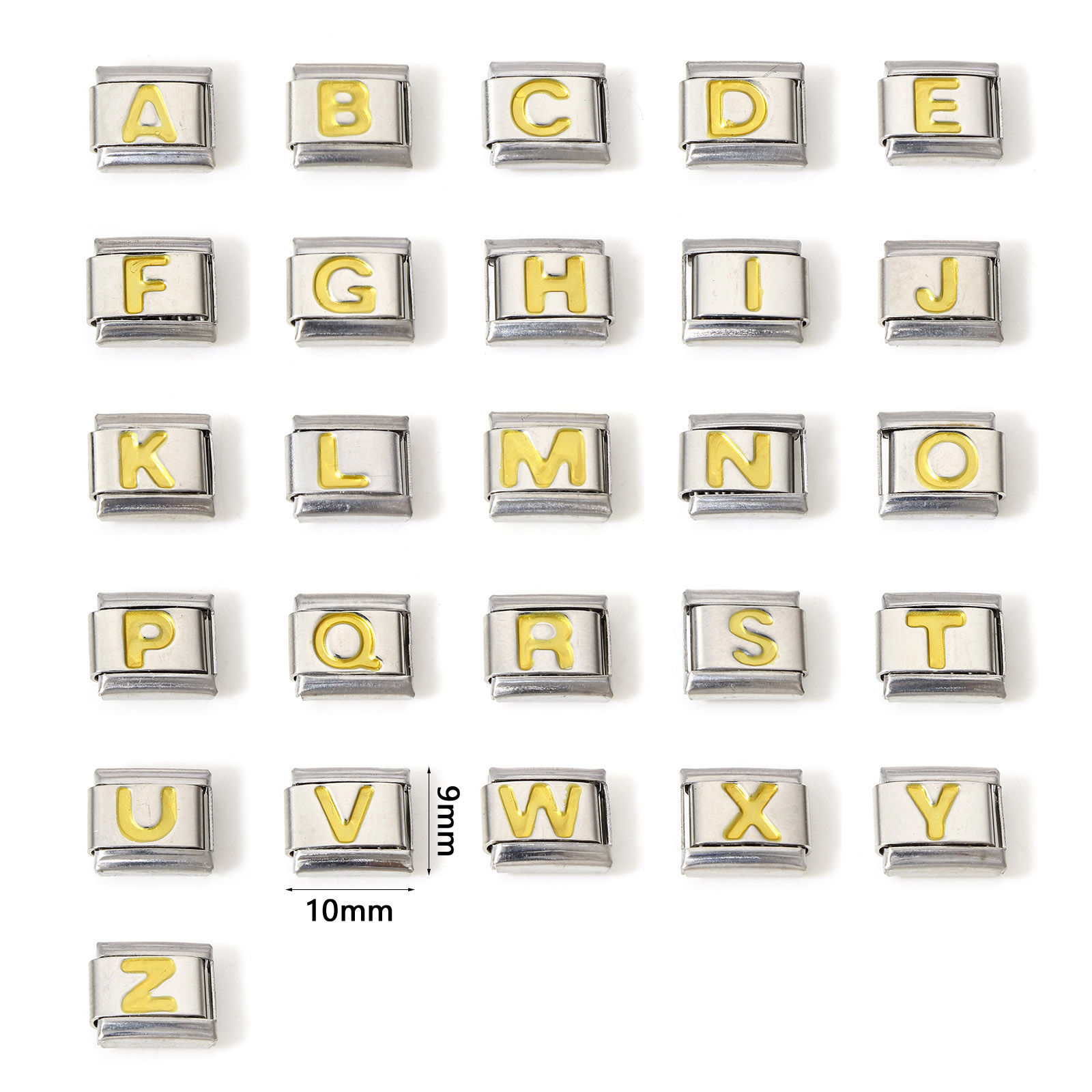 Picture of 304 Stainless Steel Italian Charm Links For DIY Bracelet Jewelry Making Silver Tone Golden Rectangle Initial Alphabet/ Capital Letter Message " A-Z " Enamel 10mm x 9mm