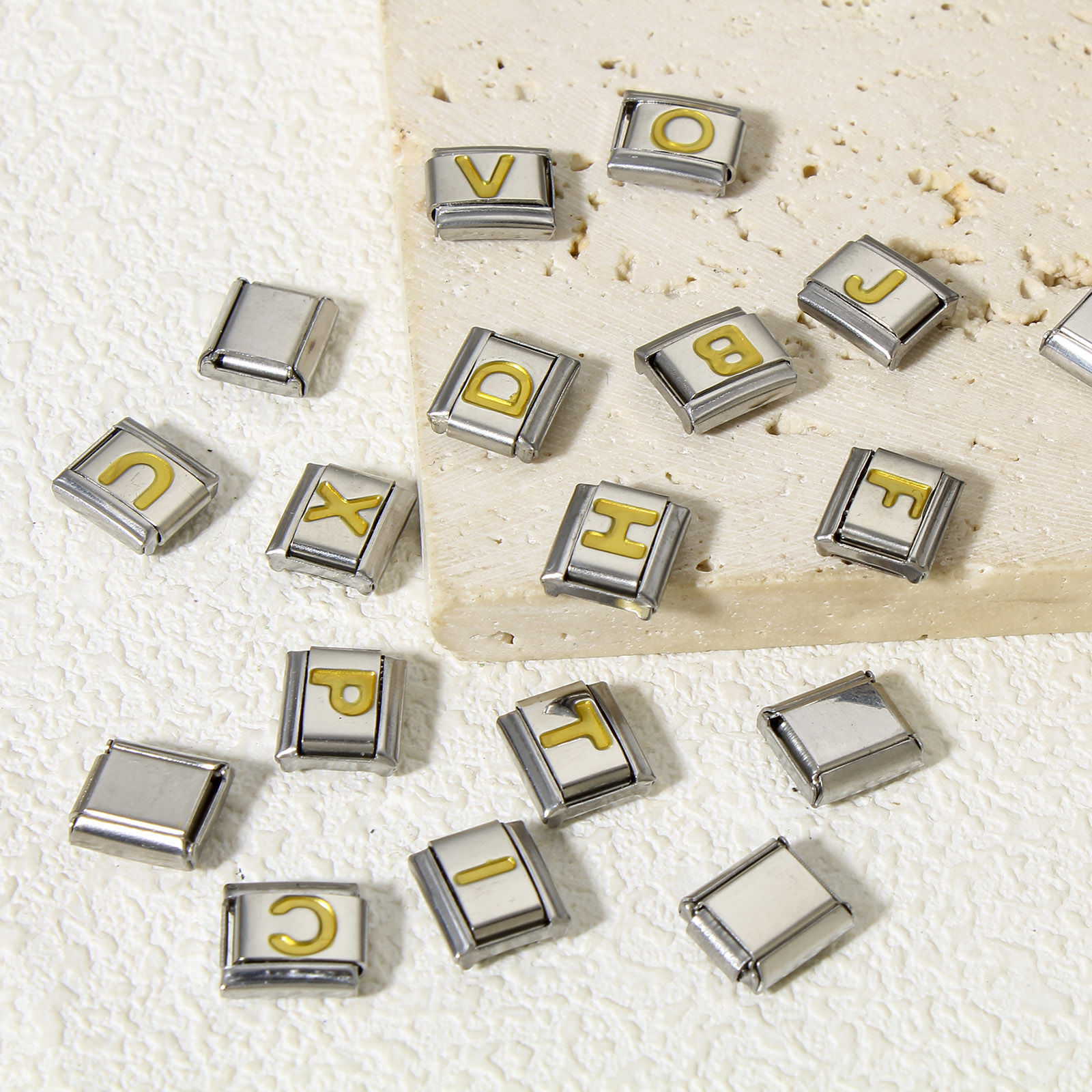 Picture of 304 Stainless Steel Italian Charm Links For DIY Bracelet Jewelry Making Silver Tone Golden Rectangle Initial Alphabet/ Capital Letter Message " A-Z " Enamel 10mm x 9mm